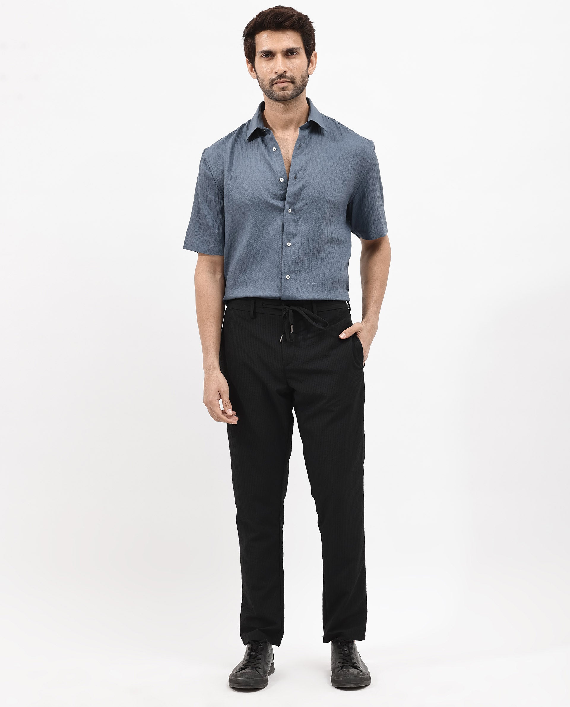 Rare Rabbit Mens Zion Dark Blue Cotton Fabric Half Sleeve Boxy Fit Textured Solid Shirt