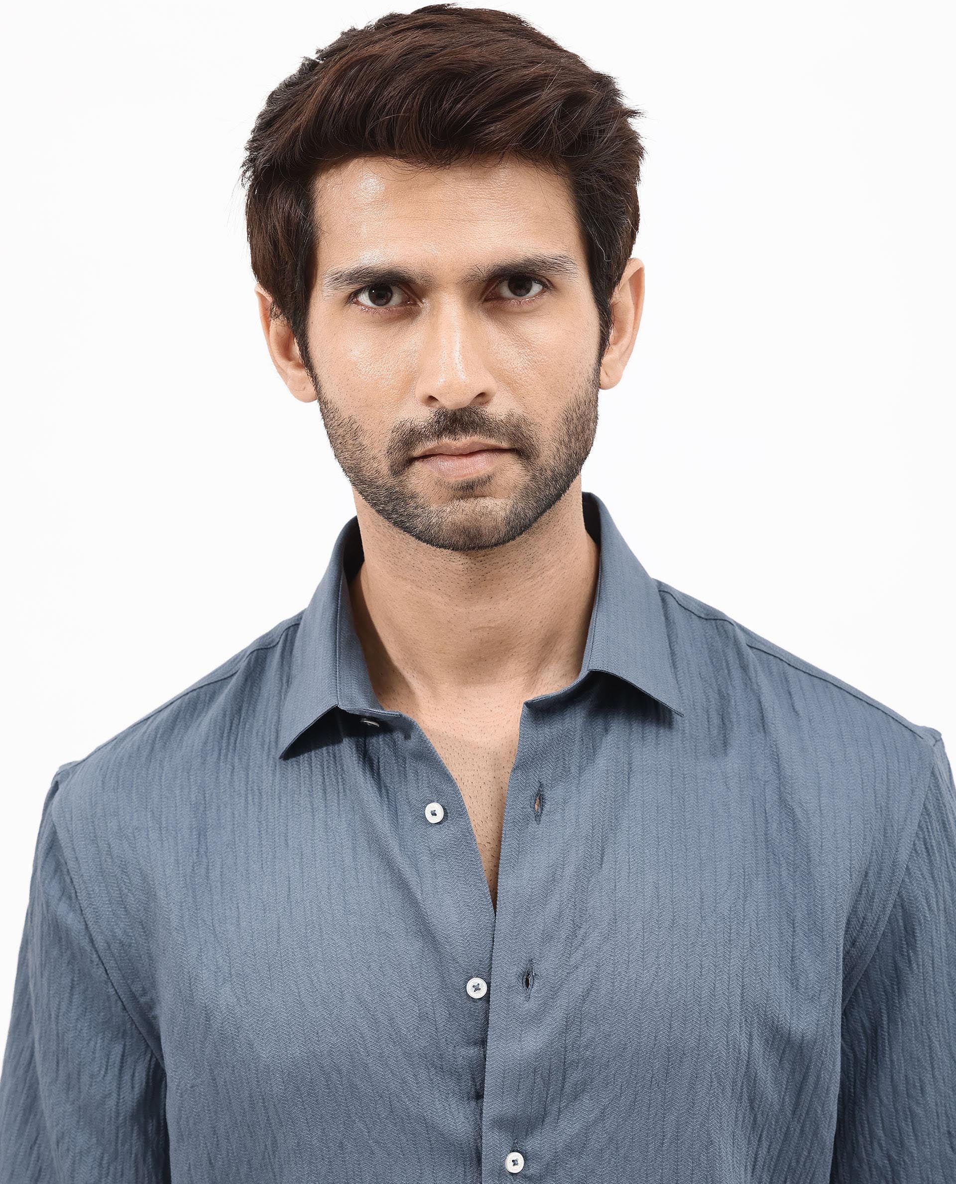 Rare Rabbit Mens Zion Dark Blue Cotton Fabric Half Sleeve Boxy Fit Textured Solid Shirt