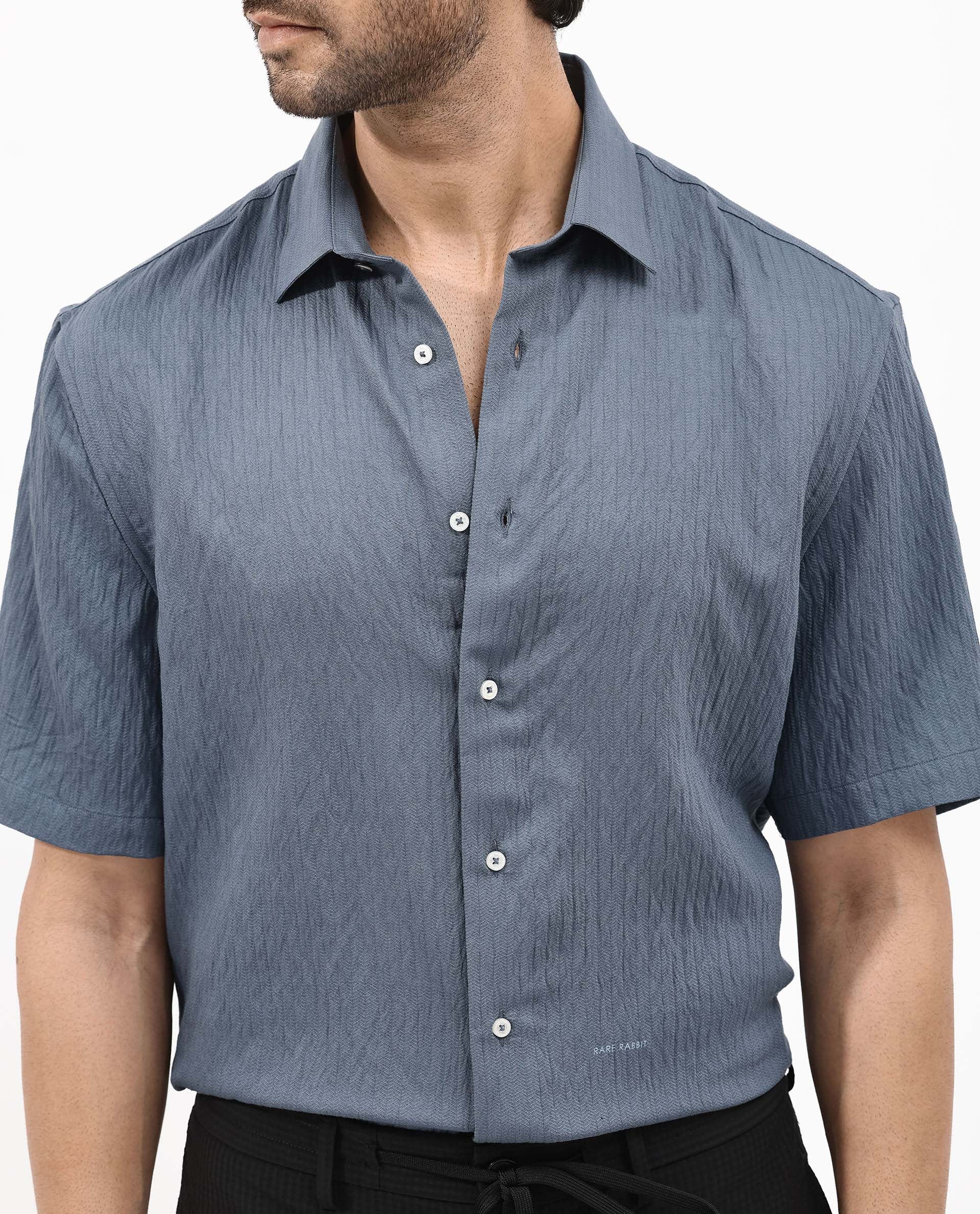 Rare Rabbit Mens Zion Dark Blue Cotton Fabric Half Sleeve Boxy Fit Textured Solid Shirt