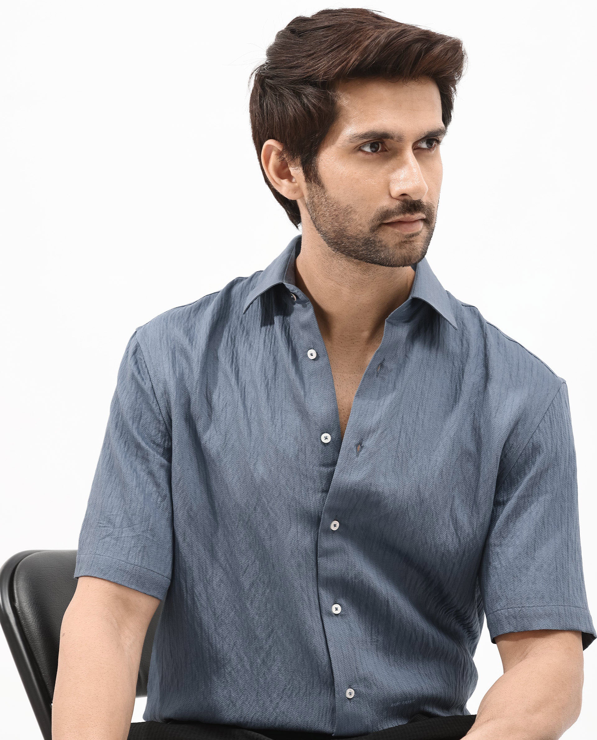 Rare Rabbit Mens Zion Dark Blue Cotton Fabric Half Sleeve Boxy Fit Textured Solid Shirt