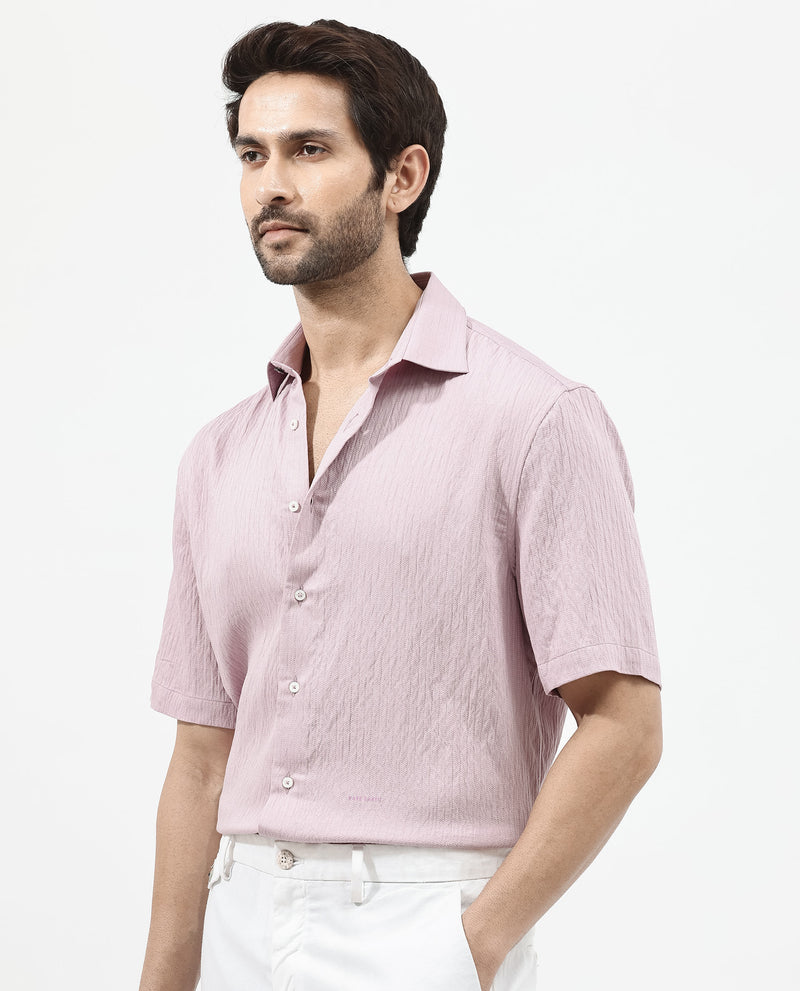 Rare Rabbit Mens Zion Dusky Pink Cotton Fabric Half Sleeve Boxy Fit Textured Solid Shirt