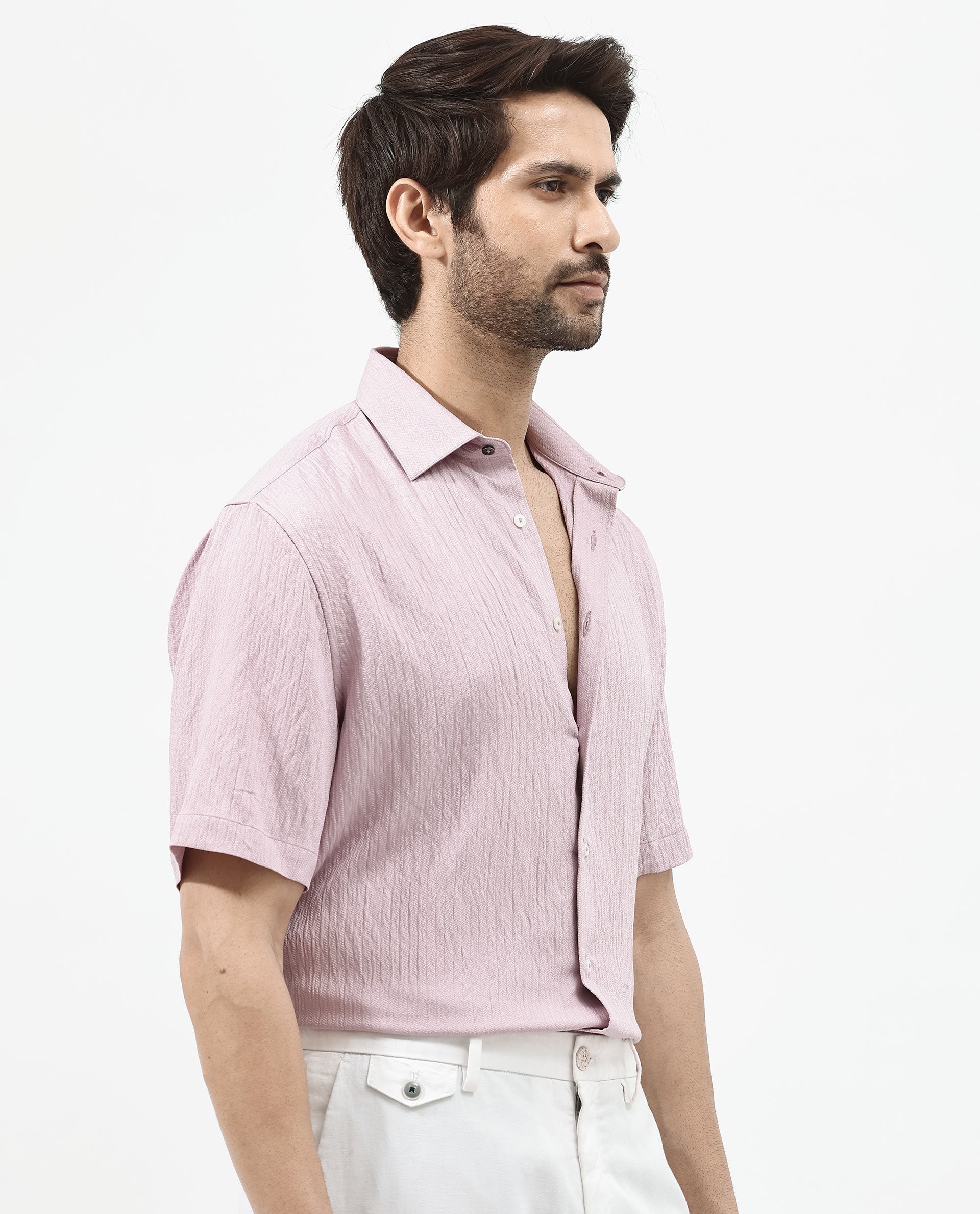 Rare Rabbit Mens Zion Dusky Pink Cotton Fabric Half Sleeve Boxy Fit Textured Solid Shirt