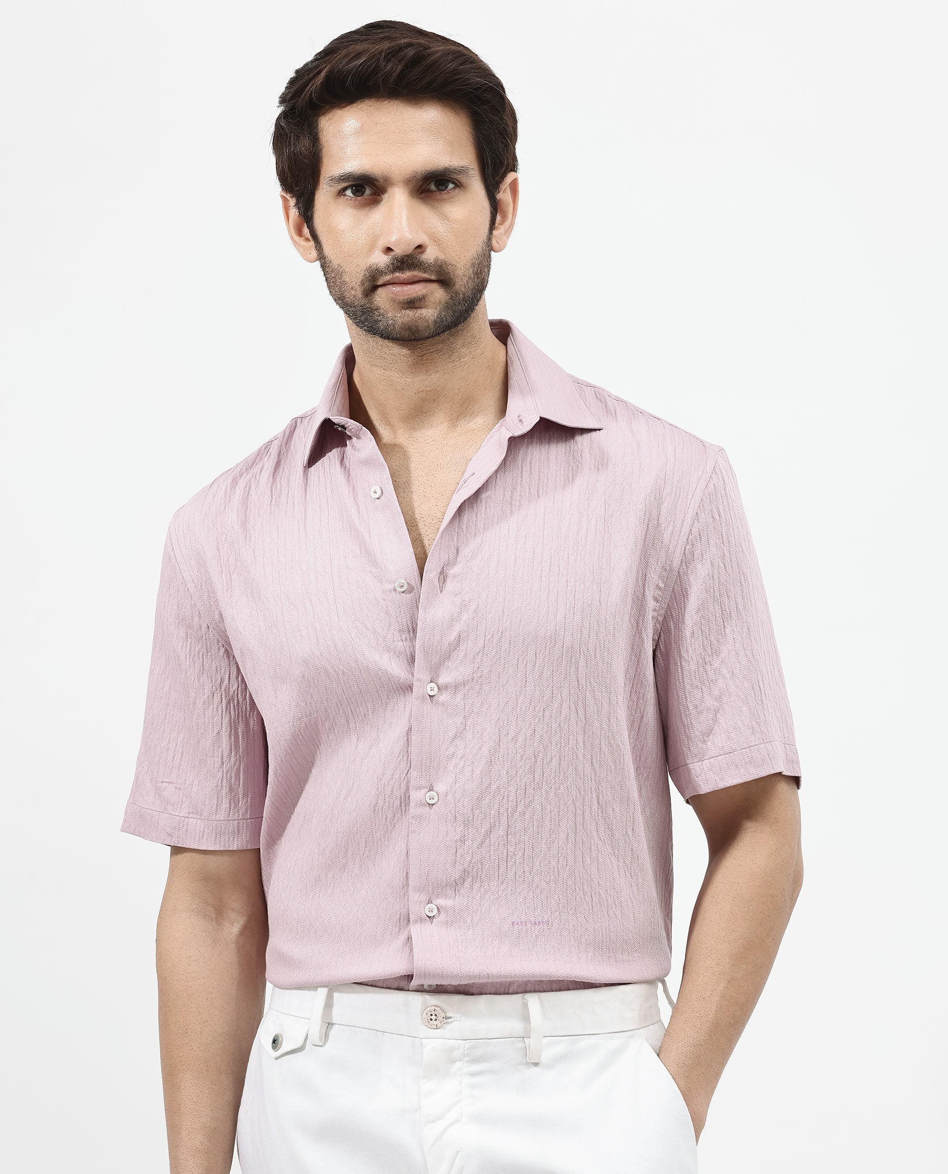 Rare Rabbit Mens Zion Dusky Pink Cotton Fabric Half Sleeve Boxy Fit Textured Solid Shirt