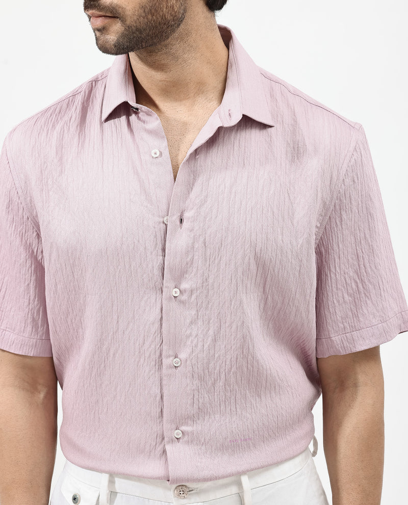 Rare Rabbit Mens Zion Dusky Pink Cotton Fabric Half Sleeve Boxy Fit Textured Solid Shirt