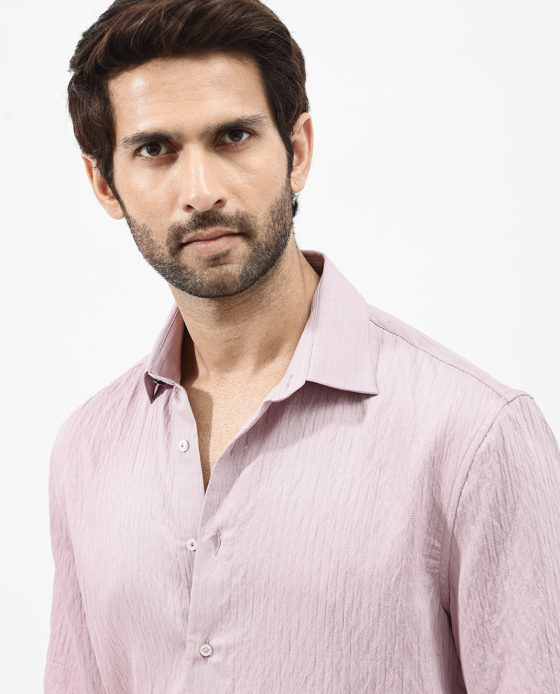 Rare Rabbit Mens Zion Dusky Pink Cotton Fabric Half Sleeve Boxy Fit Textured Solid Shirt