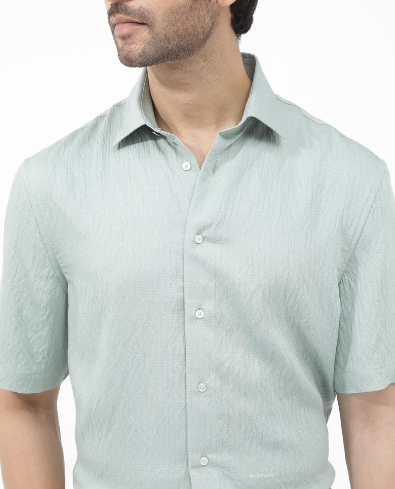 Rare Rabbit Mens Zion Light Green Cotton Fabric Half Sleeve Boxy Fit Textured Solid Shirt