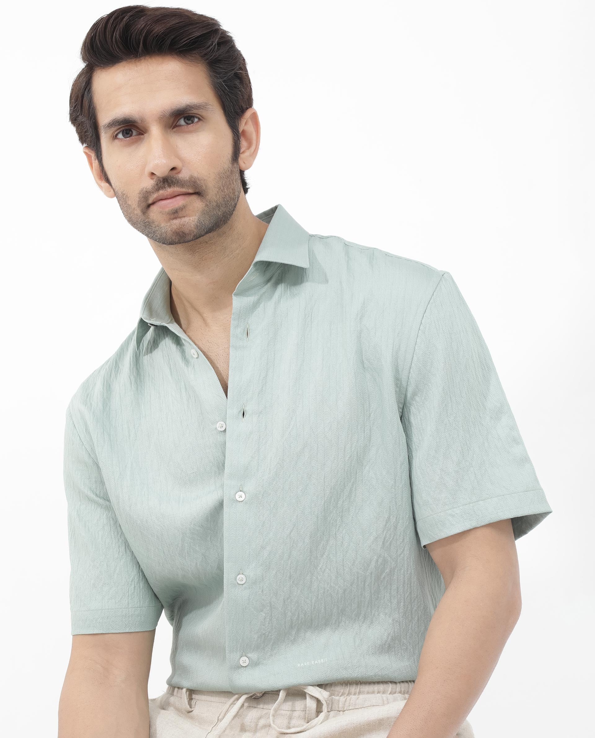 Rare Rabbit Mens Zion Light Green Cotton Fabric Half Sleeve Boxy Fit Textured Solid Shirt