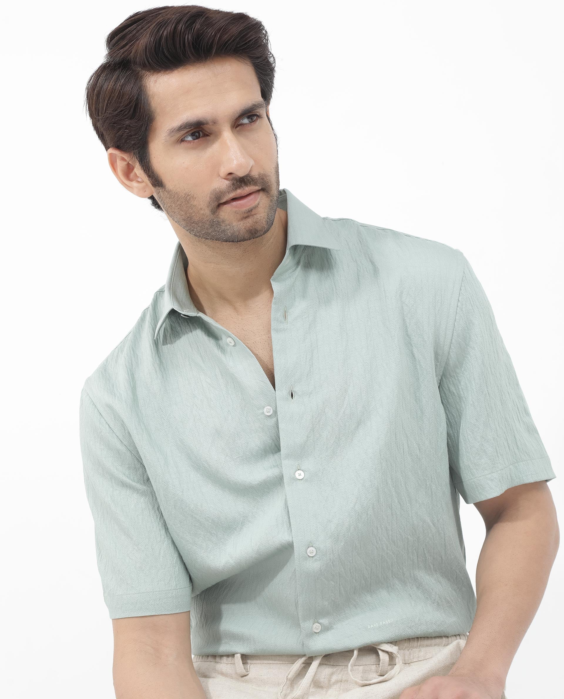 Rare Rabbit Mens Zion Light Green Cotton Fabric Half Sleeve Boxy Fit Textured Solid Shirt