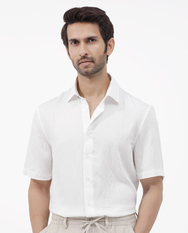 Rare Rabbit Mens Zion White Cotton Fabric Half Sleeve Boxy Fit Textured Solid Shirt