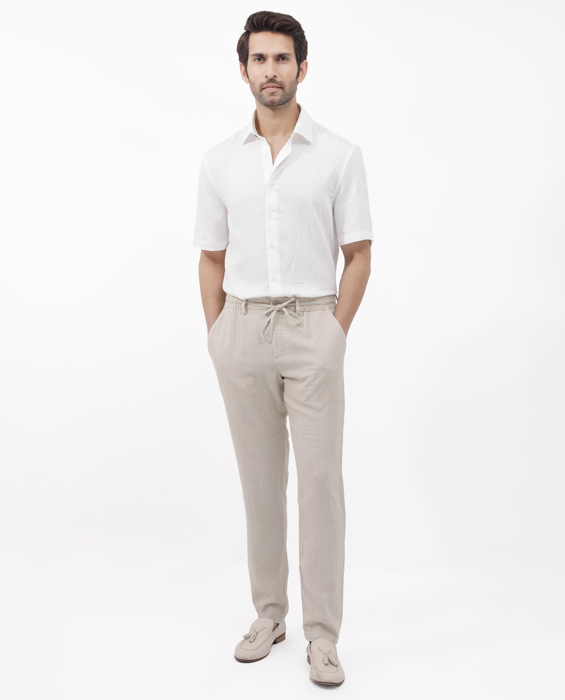 Rare Rabbit Mens Zion White Cotton Fabric Half Sleeve Boxy Fit Textured Solid Shirt