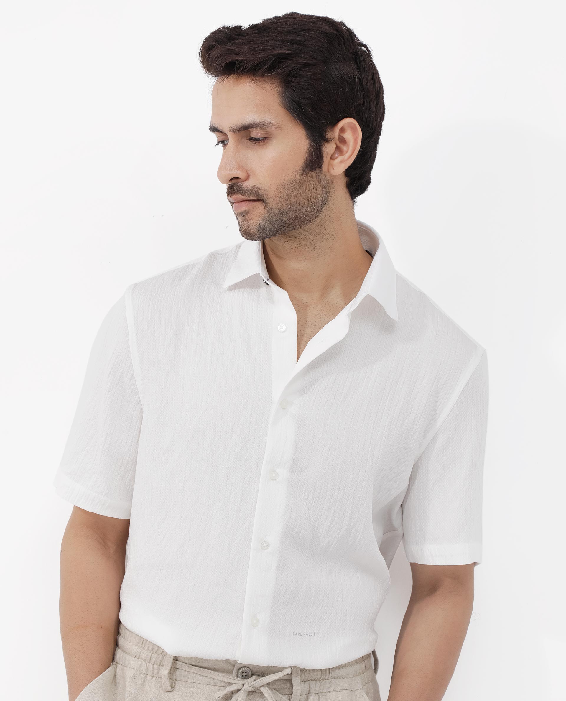Rare Rabbit Mens Zion White Cotton Fabric Half Sleeve Boxy Fit Textured Solid Shirt