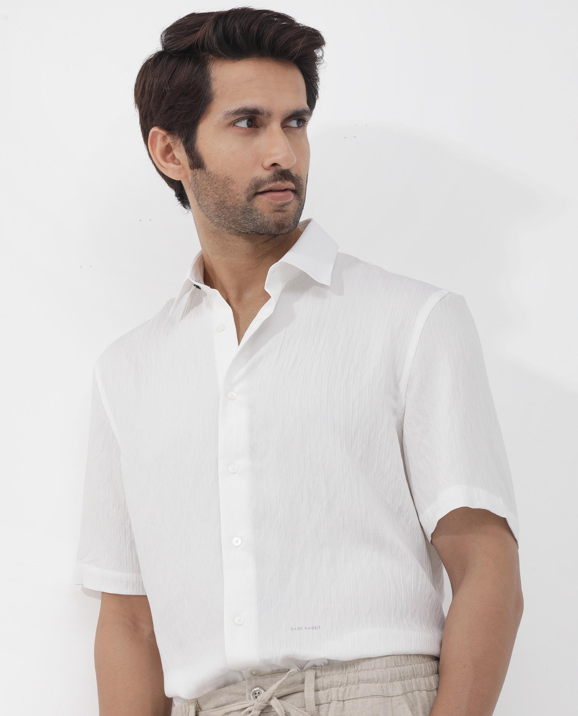Rare Rabbit Mens Zion White Cotton Fabric Half Sleeve Boxy Fit Textured Solid Shirt