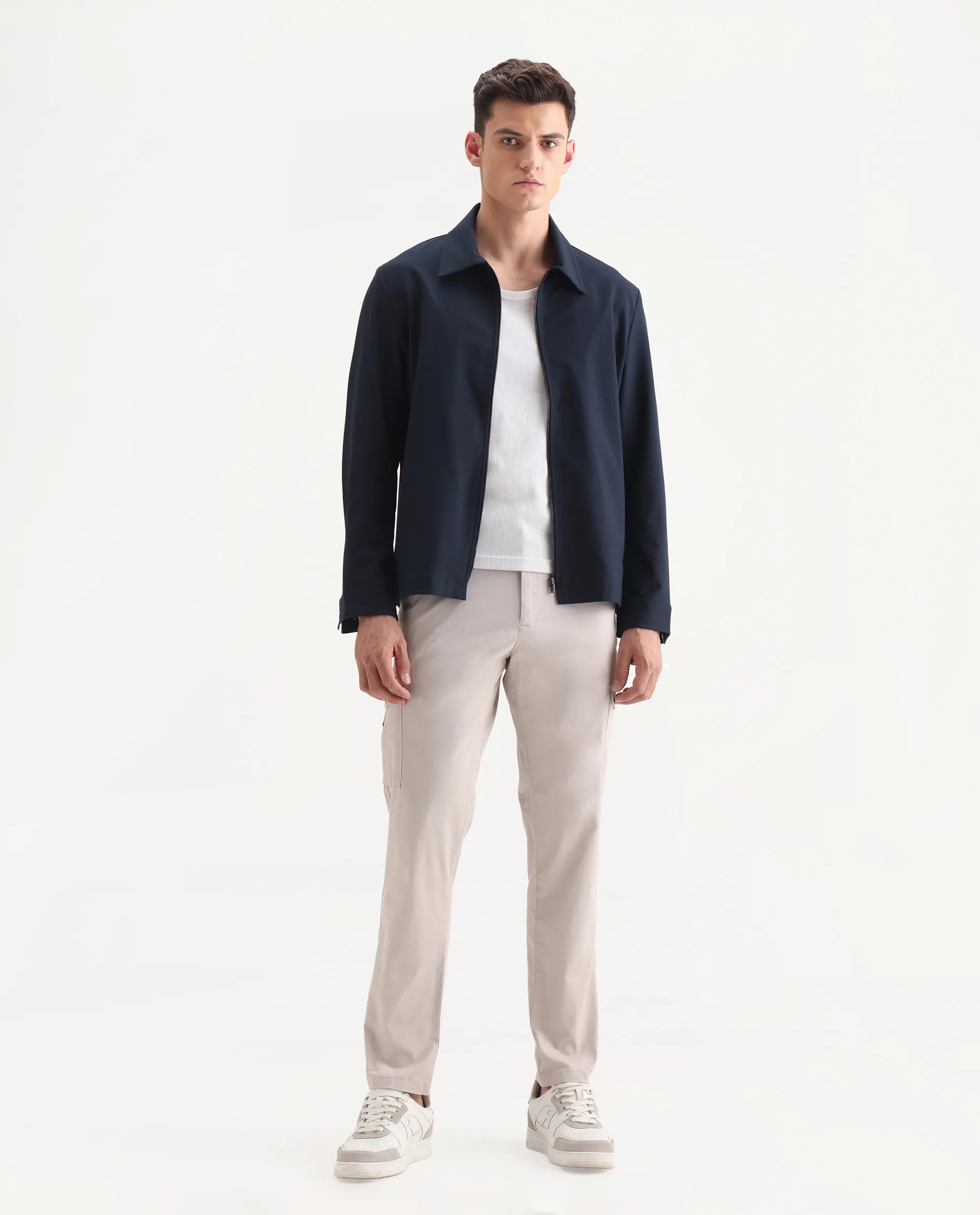 Rare Rabbit Men's Zipe Light Grey Cotton Plain Regular Fit Trouser