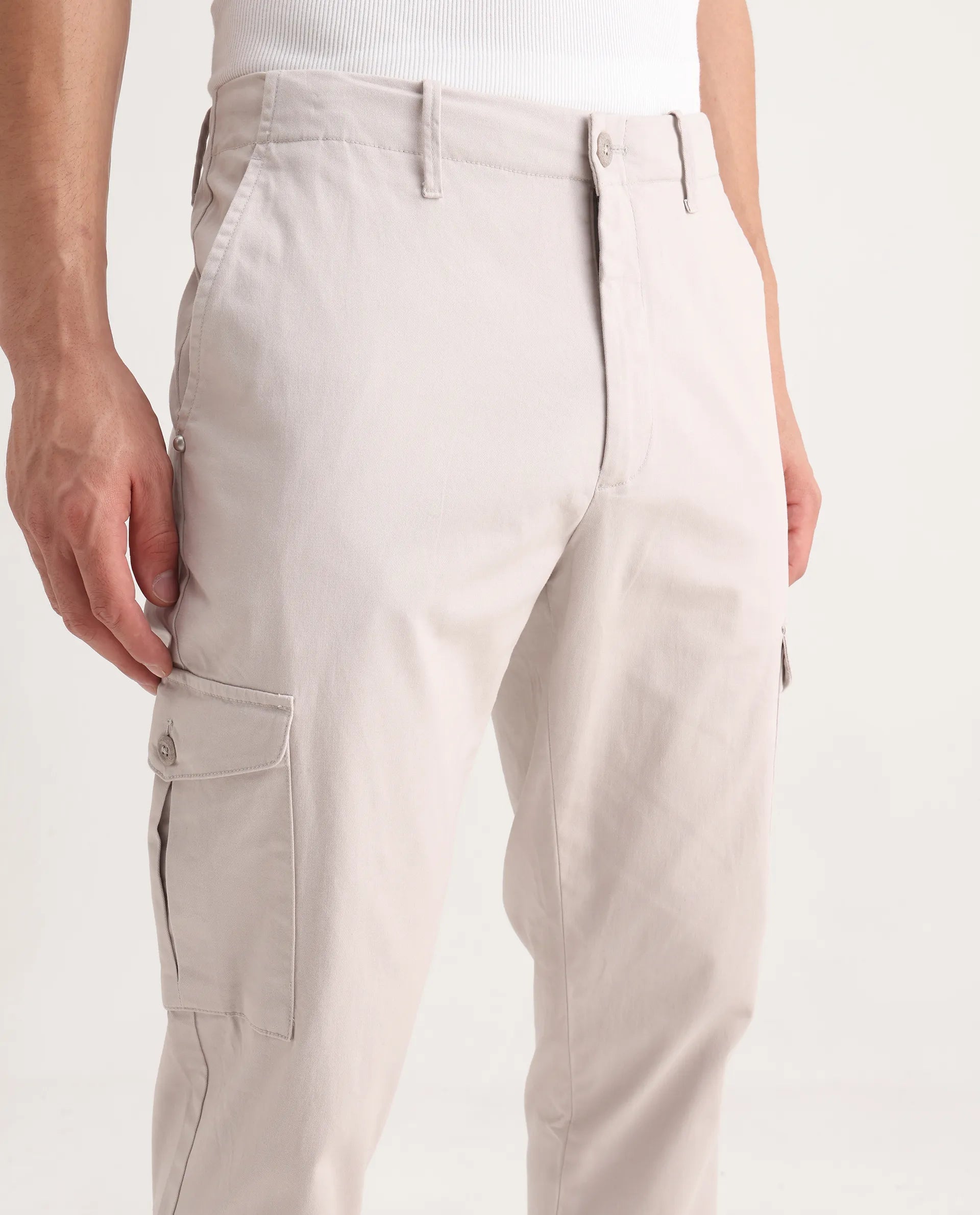 Rare Rabbit Men's Zipe Light Grey Cotton Plain Regular Fit Trouser