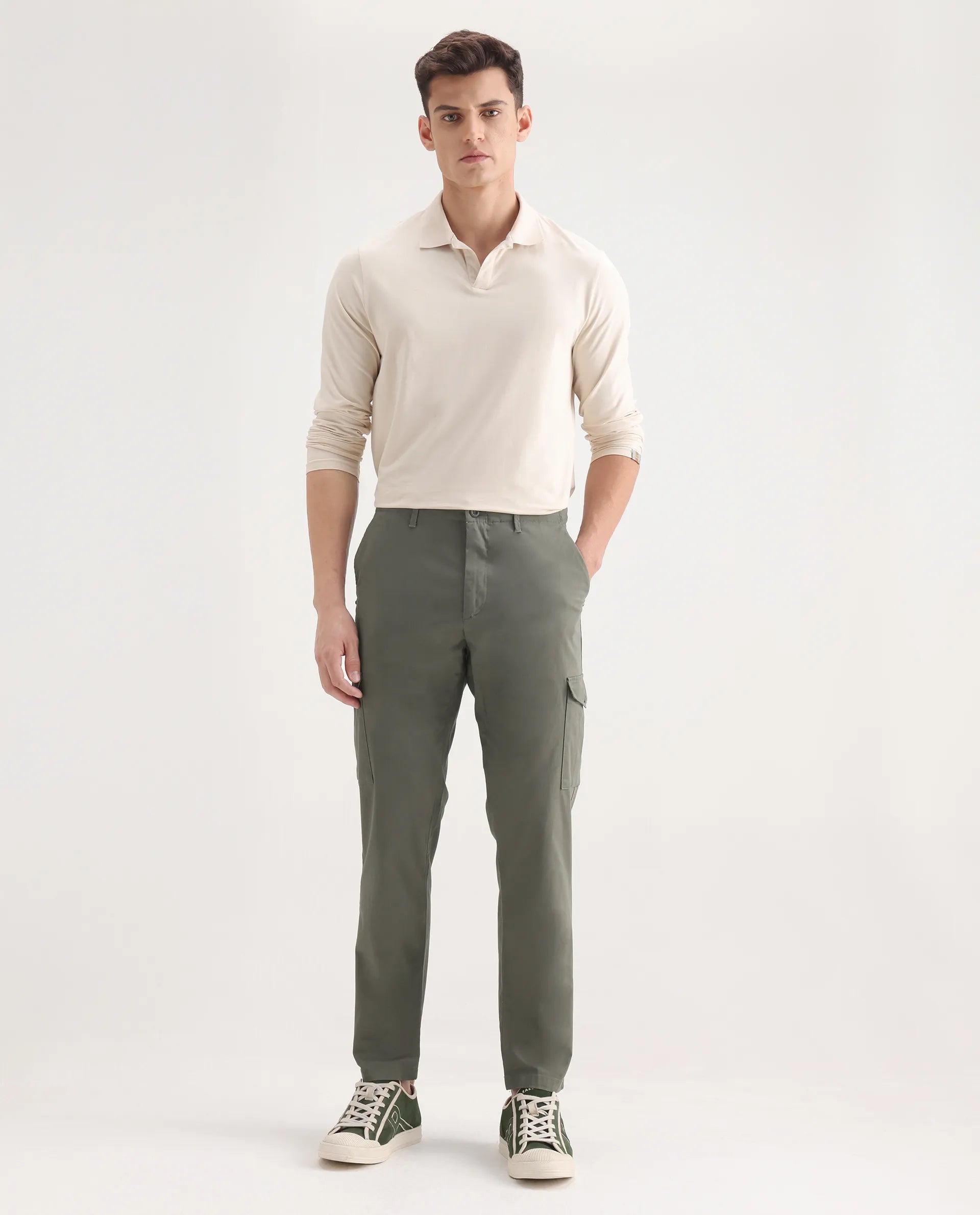 Rare Rabbit Men's Zipe Dusky Olive Cotton Plain Regular Fit Trouser