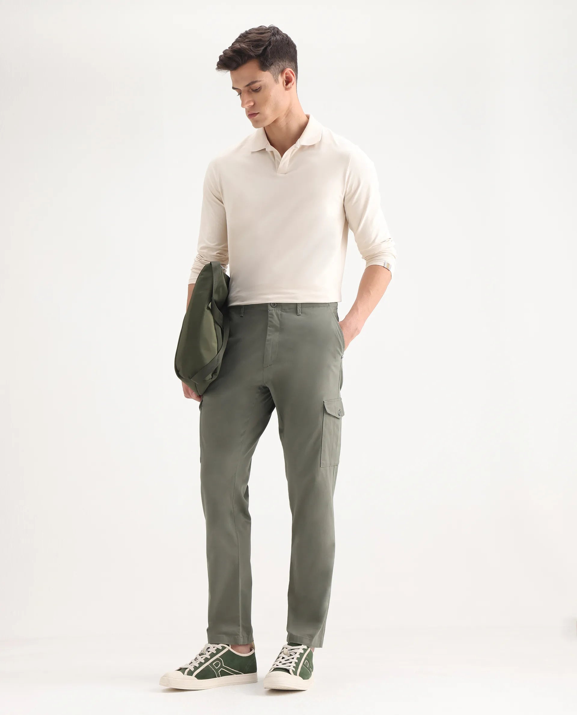 Rare Rabbit Men's Zipe Dusky Olive Cotton Plain Regular Fit Trouser