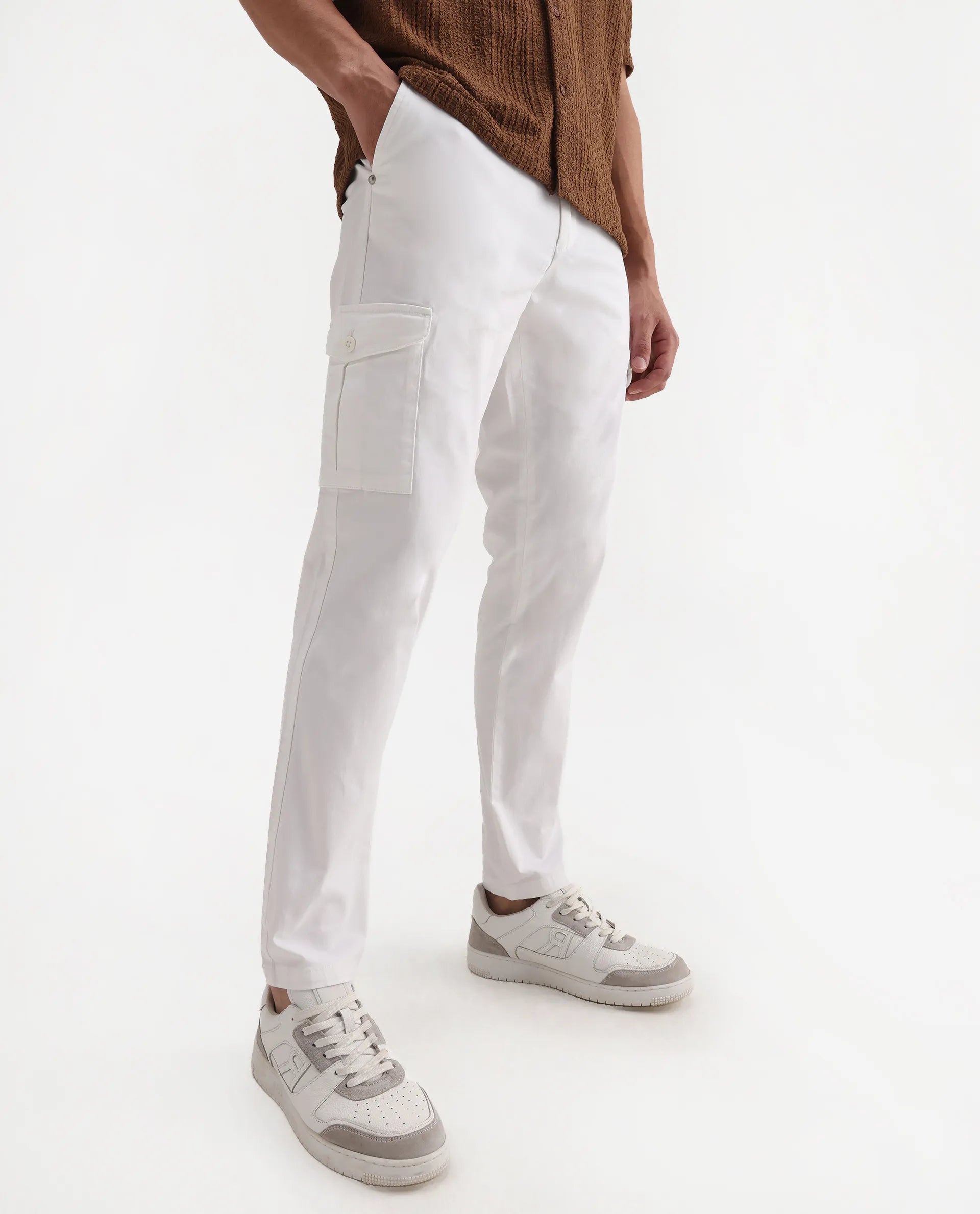 Rare Rabbit Men's Zipe White Cotton Plain Regular Fit Trouser