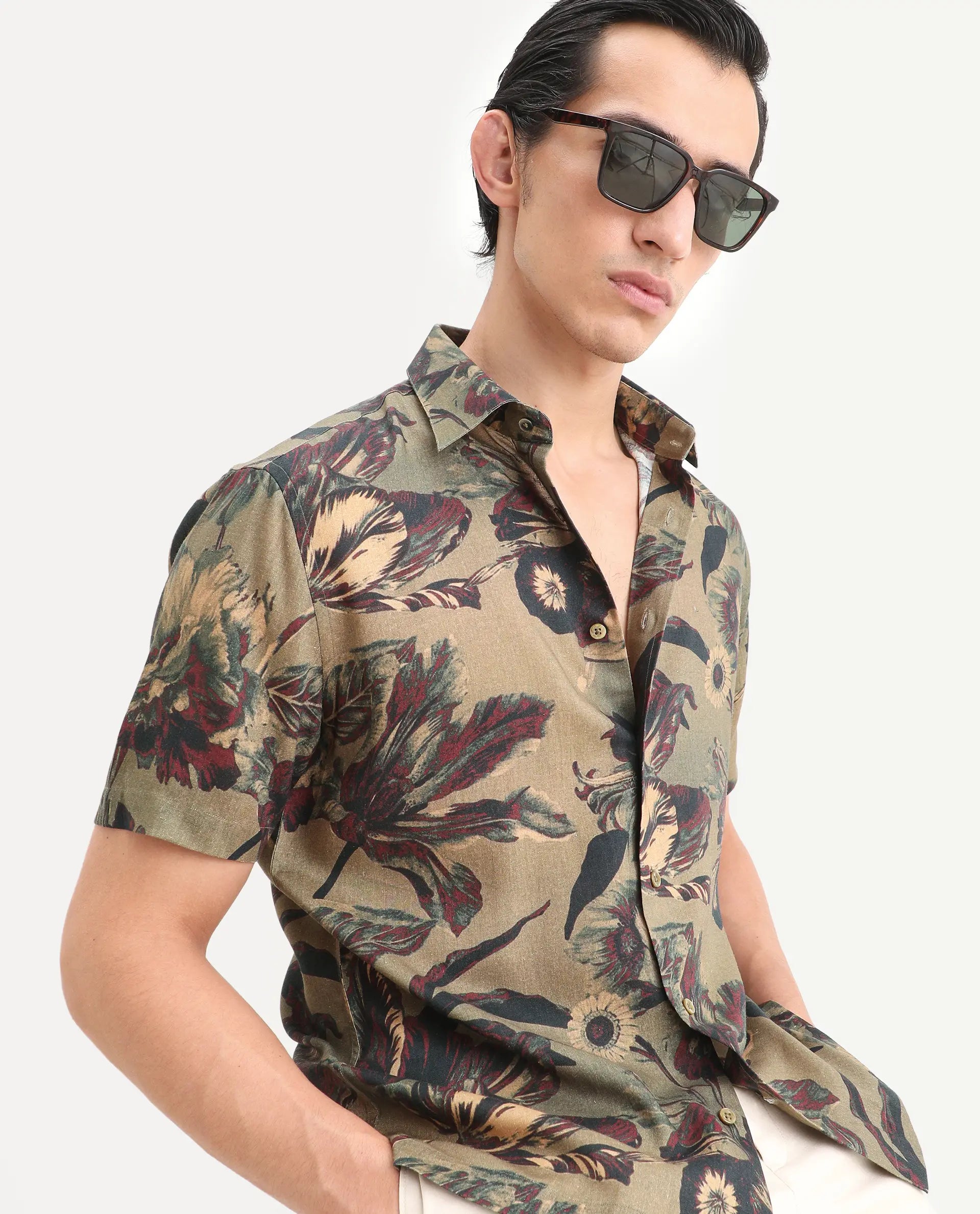 Rare Rabbit Men's Ziph Olive Linen Blend Fabric Half Sleeve Spread Collar Regular Fit Floral Print Shirt