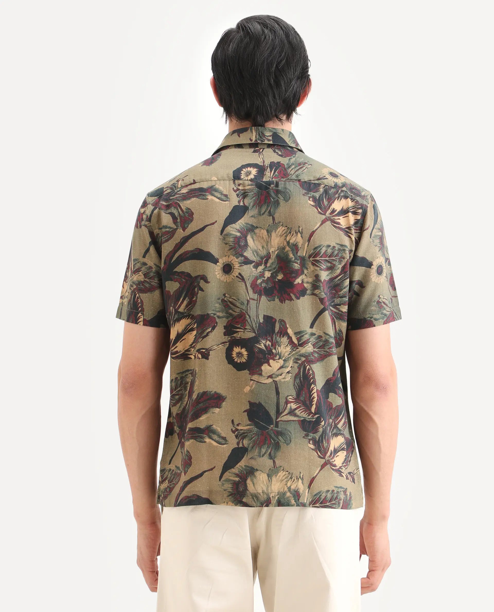 Rare Rabbit Men's Ziph Olive Linen Blend Fabric Half Sleeve Spread Collar Regular Fit Floral Print Shirt
