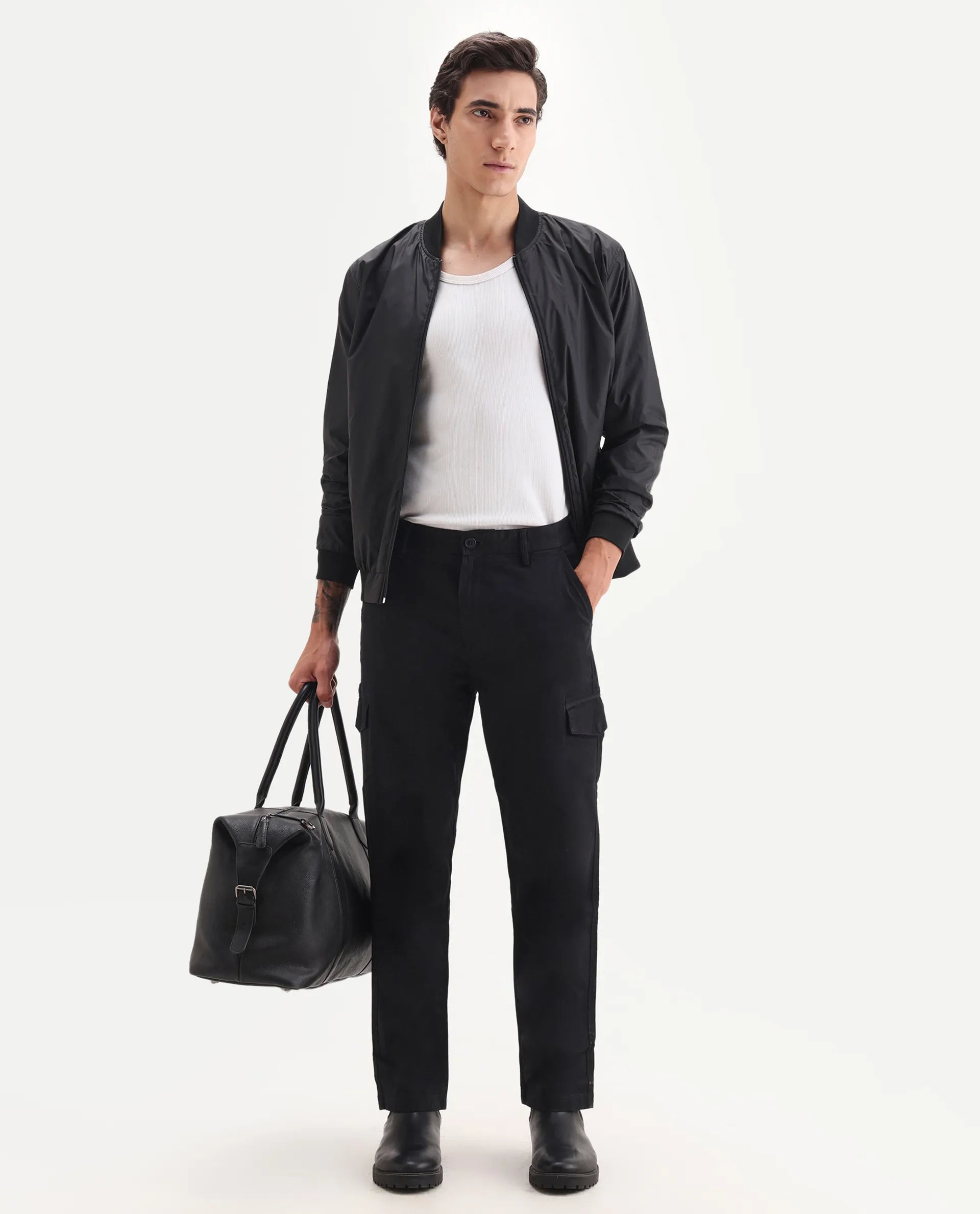 Rare Rabbit Men's Zipo Black Cotton Plain Regular Fit Trouser