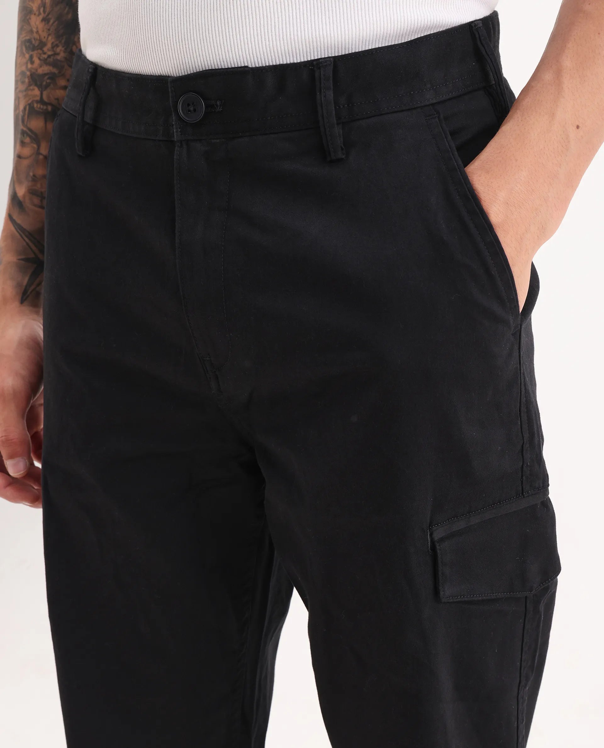 Rare Rabbit Men's Zipo Black Cotton Plain Regular Fit Trouser