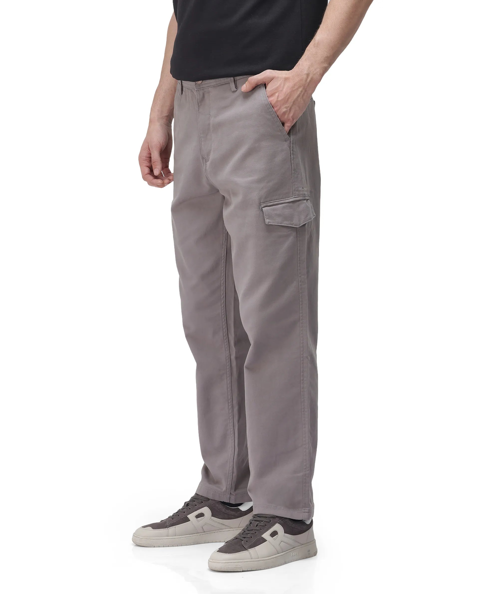 Rare Rabbit Men's Zipo Dark Grey Cotton Plain Regular Fit Trouser