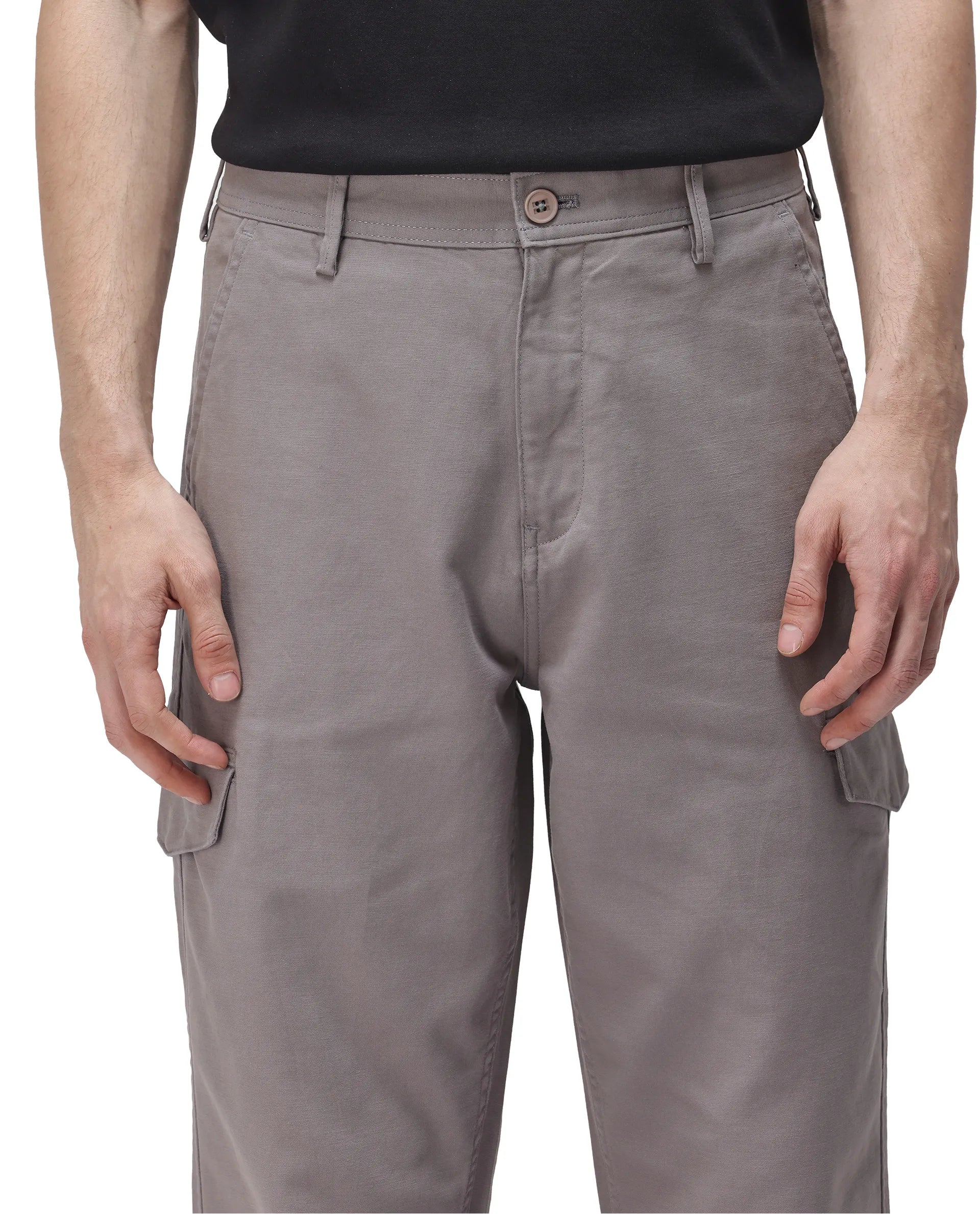 Rare Rabbit Men's Zipo Dark Grey Cotton Plain Regular Fit Trouser