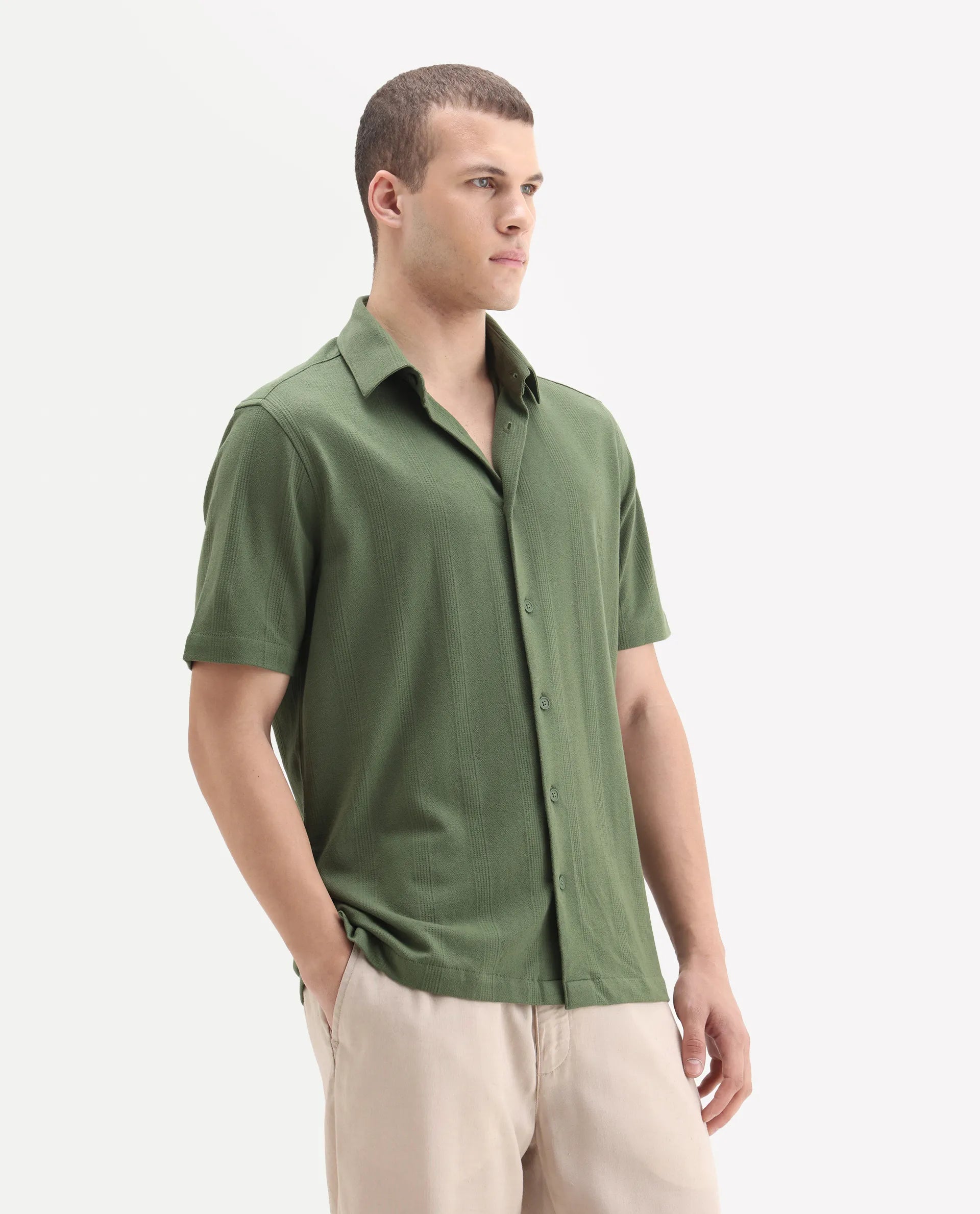 Rare Rabbit Men's Zipo Light Olive Cotton Fabric Spread Collar Relaxed Fit Jacquard Shirt