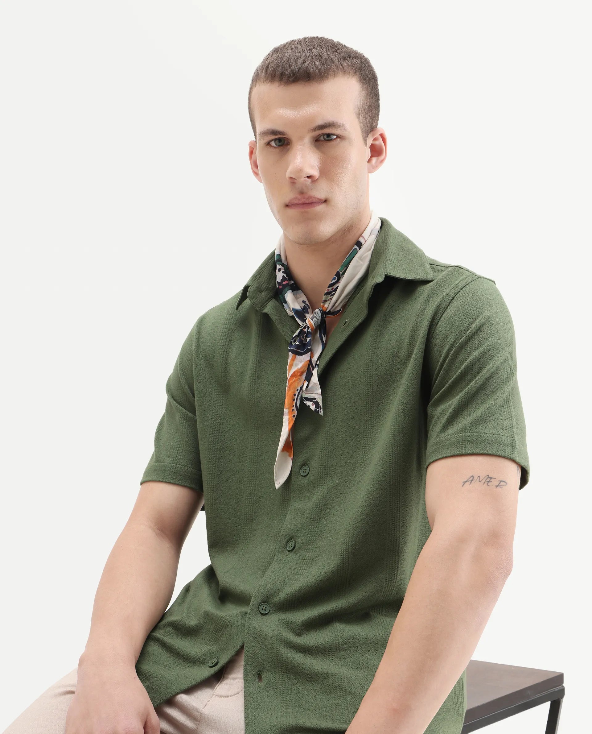 Rare Rabbit Men's Zipo Light Olive Cotton Fabric Spread Collar Relaxed Fit Jacquard Shirt