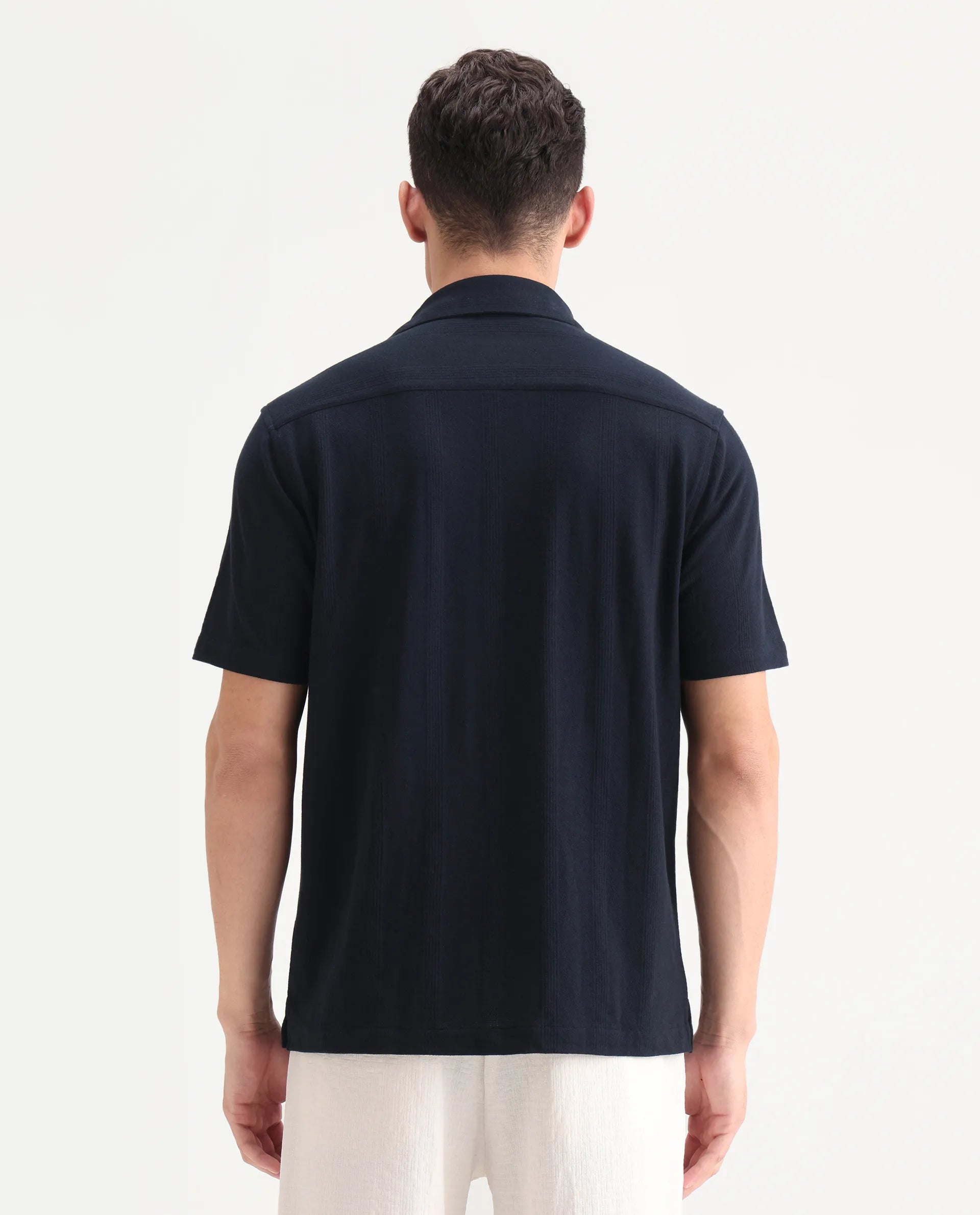 Rare Rabbit Men's Zipo Navy Cotton Fabric Spread Collar Relaxed Fit Jacquard Shirt