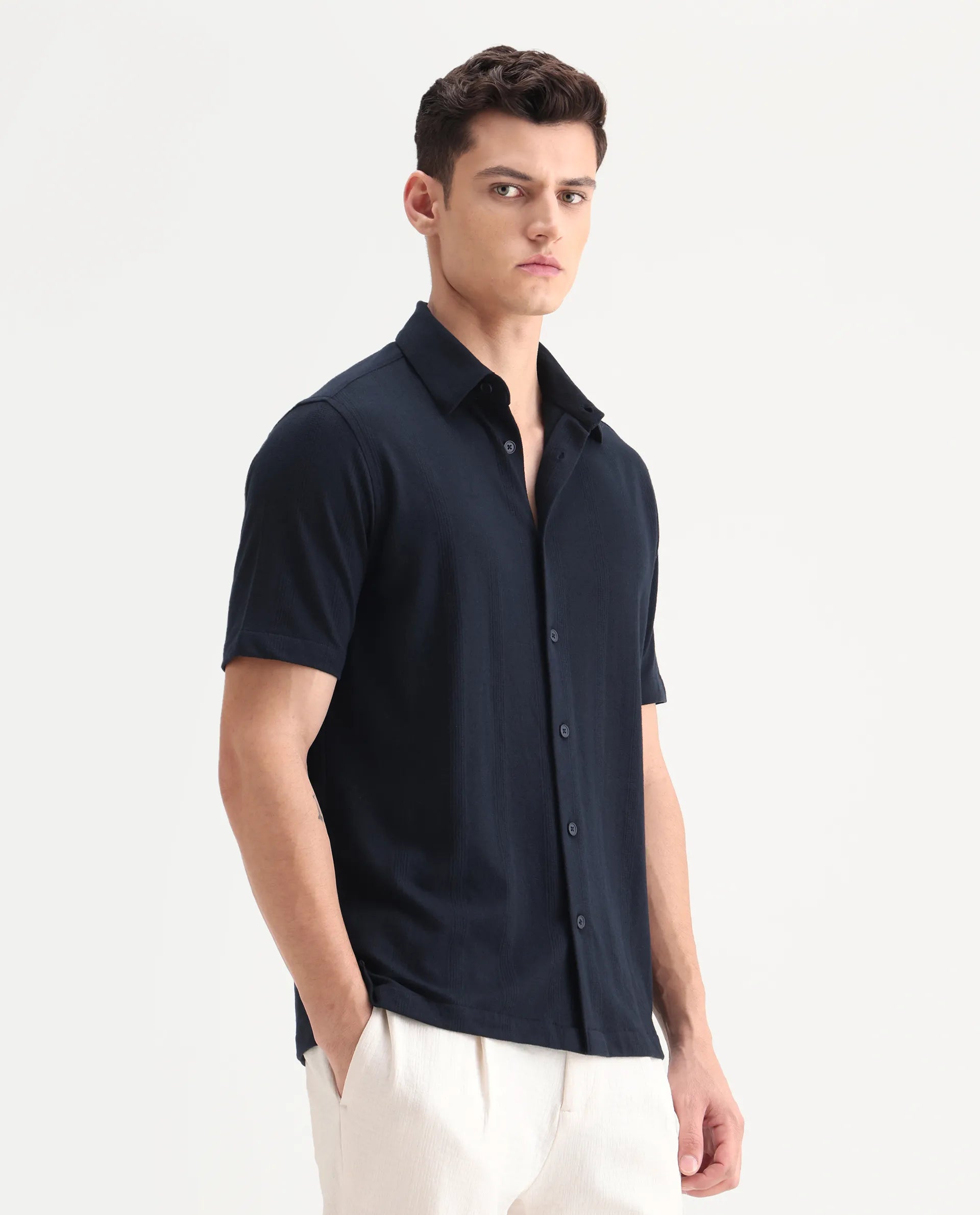 Rare Rabbit Men's Zipo Navy Cotton Fabric Spread Collar Relaxed Fit Jacquard Shirt