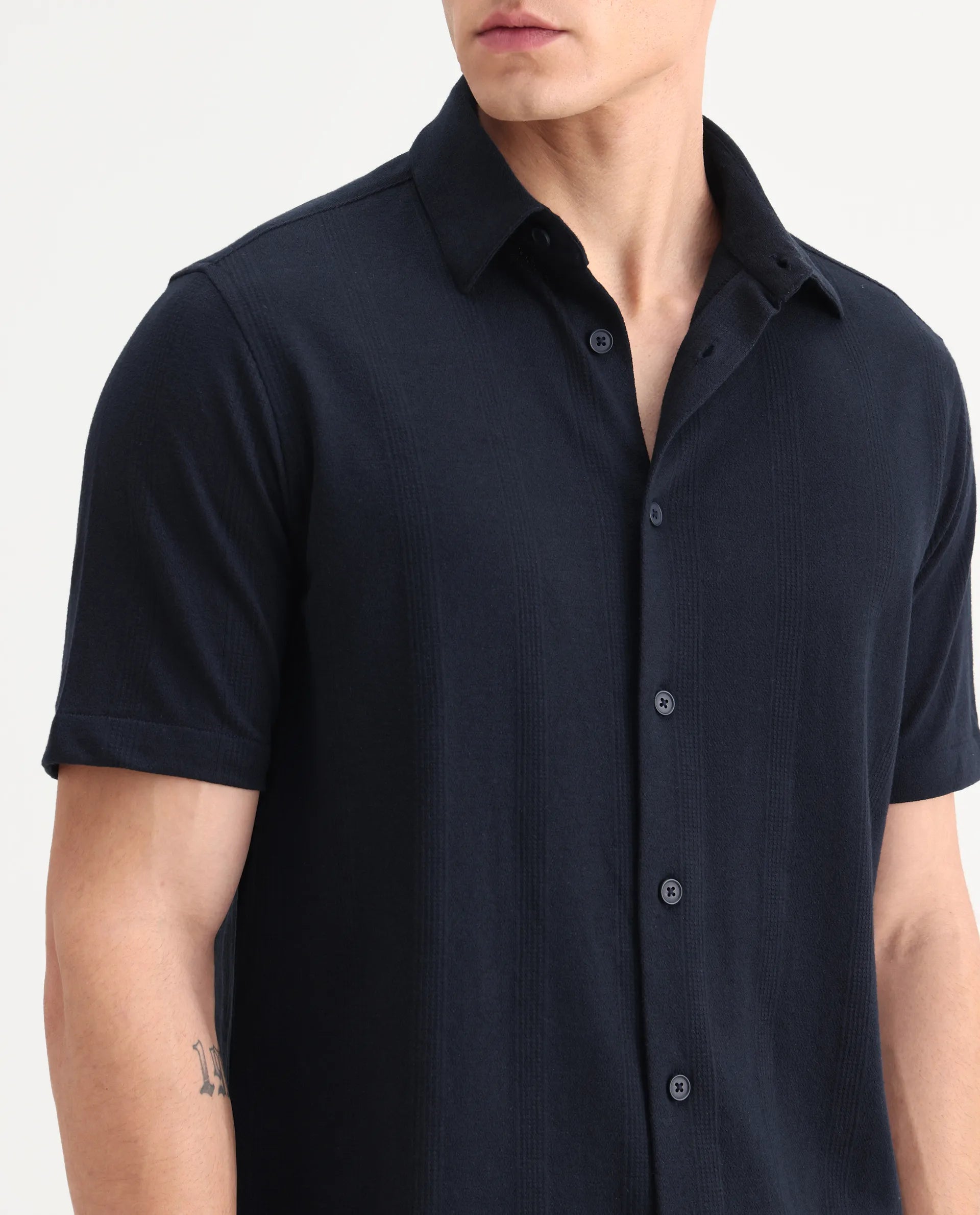 Rare Rabbit Men's Zipo Navy Cotton Fabric Spread Collar Relaxed Fit Jacquard Shirt