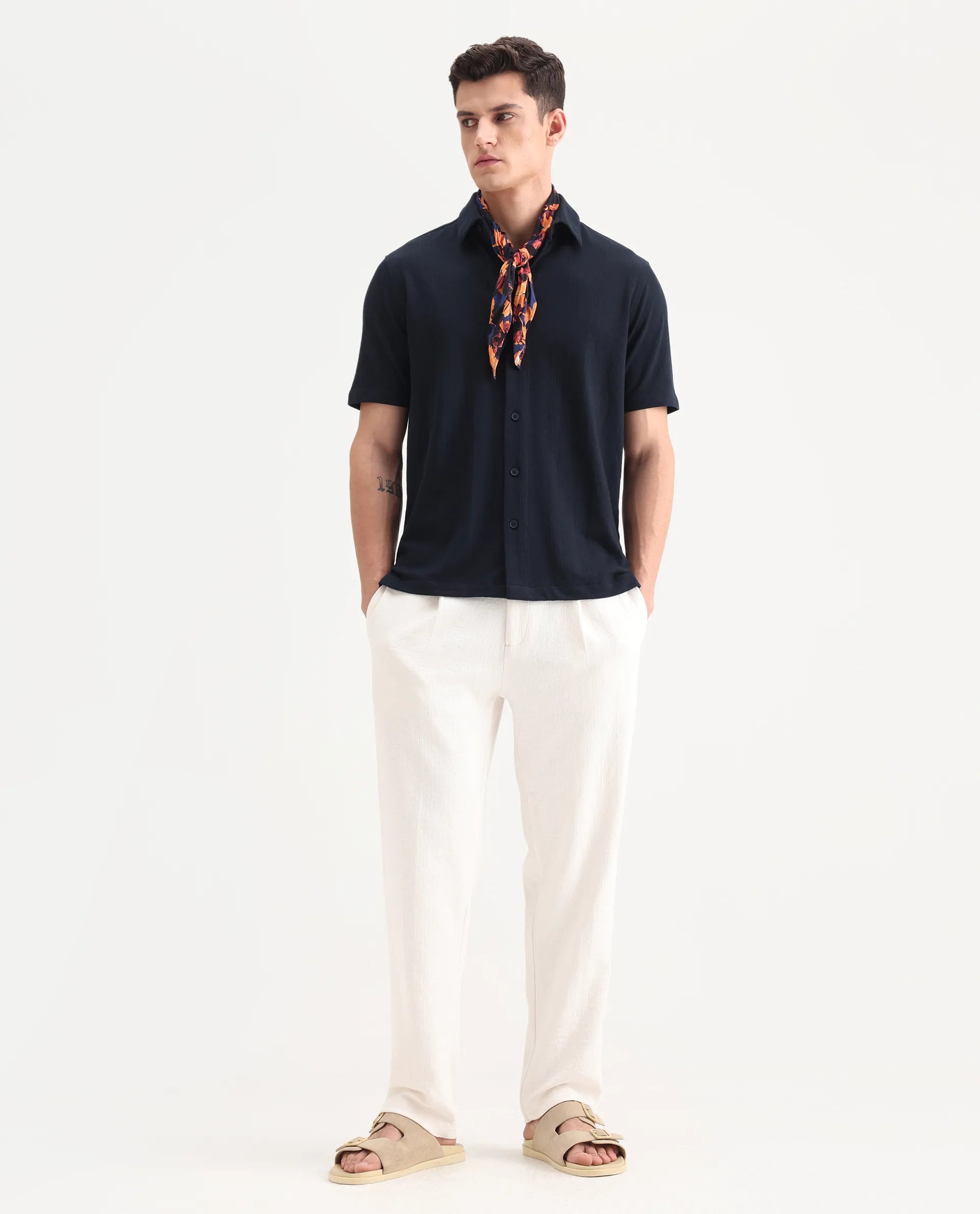 Rare Rabbit Men's Zipo Navy Cotton Fabric Spread Collar Relaxed Fit Jacquard Shirt