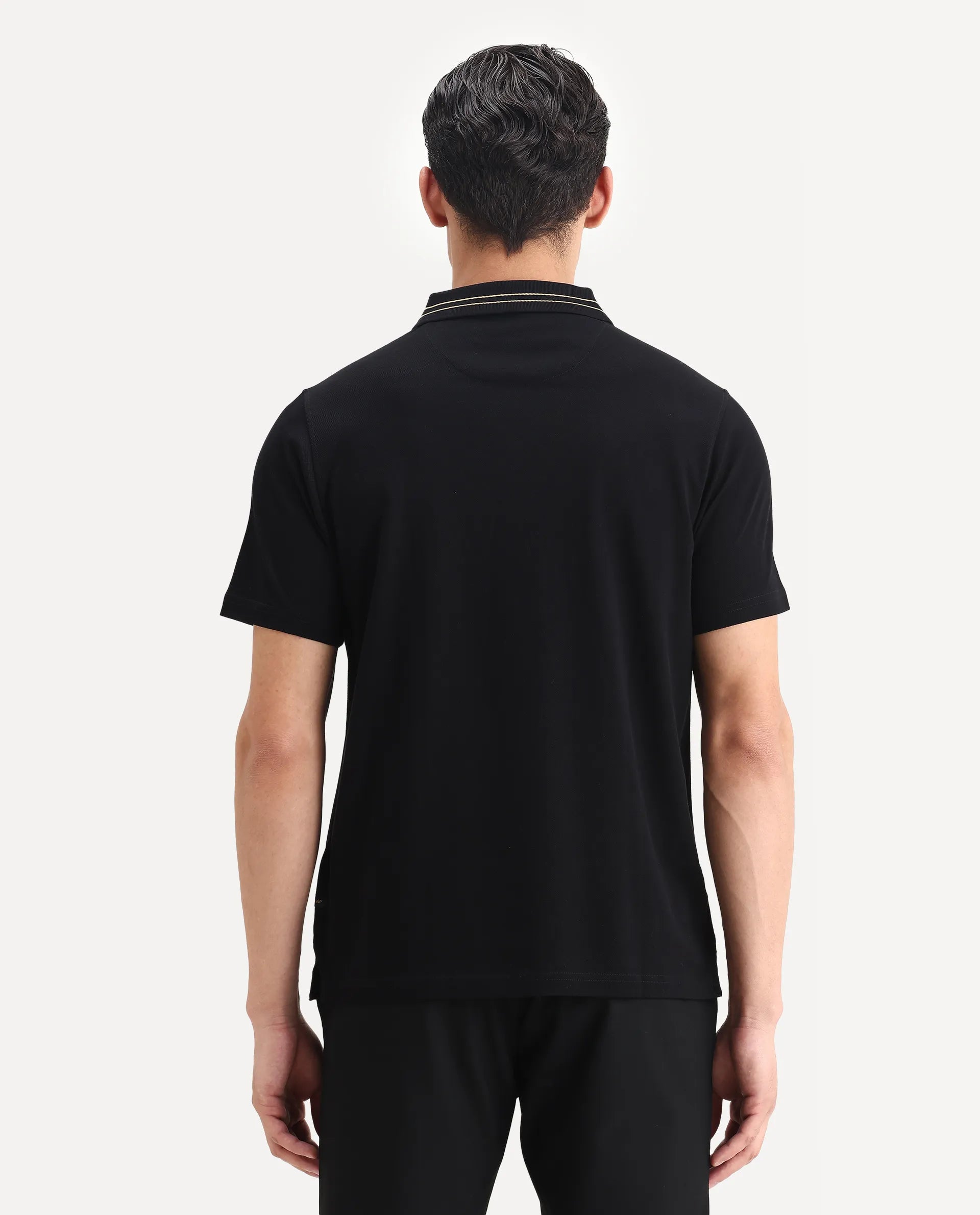 Rare Rabbit Men's Zire-1 Black Cotton Plain Regular Fit Half Sleeve Polo