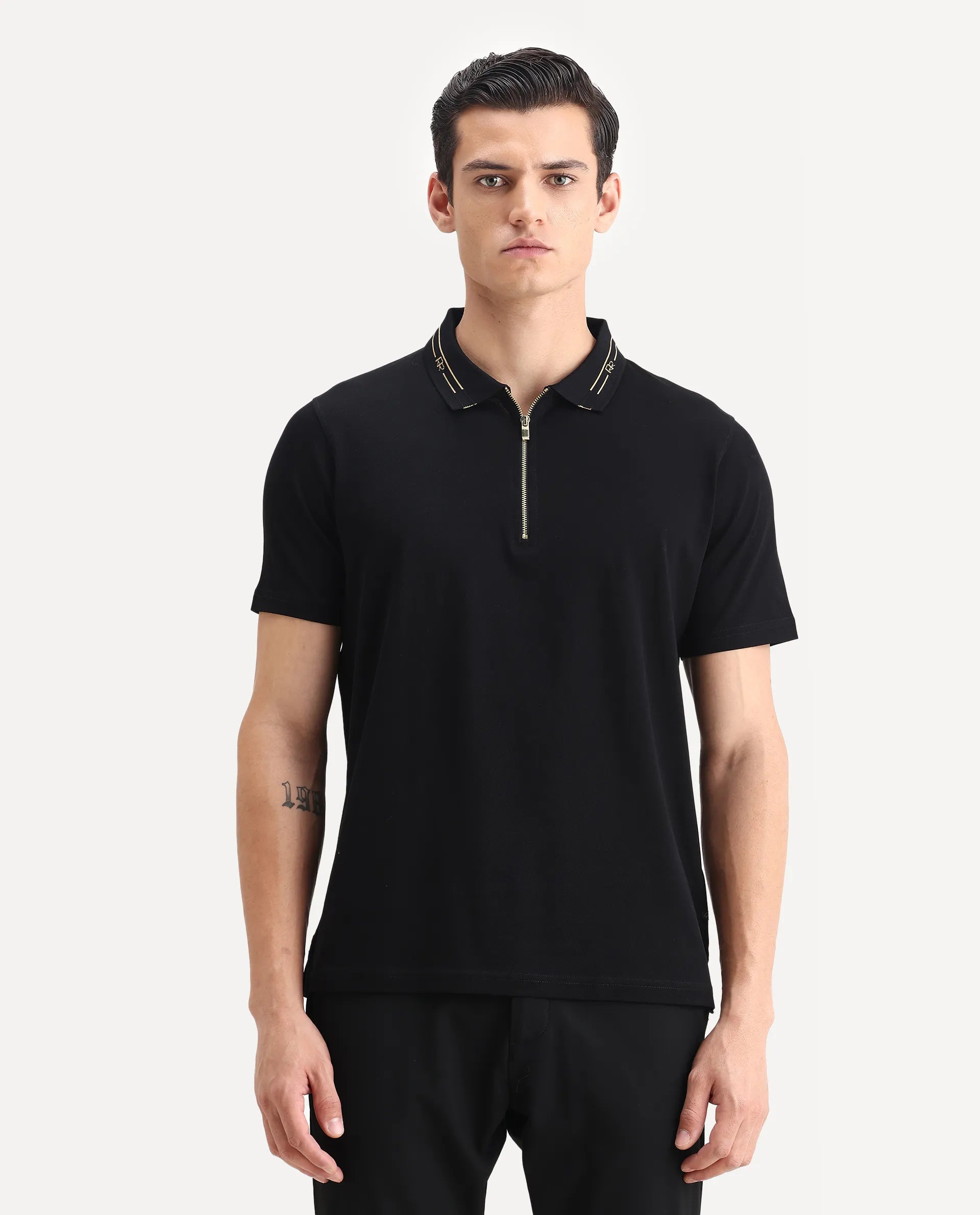 Rare Rabbit Men's Zire-1 Black Cotton Plain Regular Fit Half Sleeve Polo
