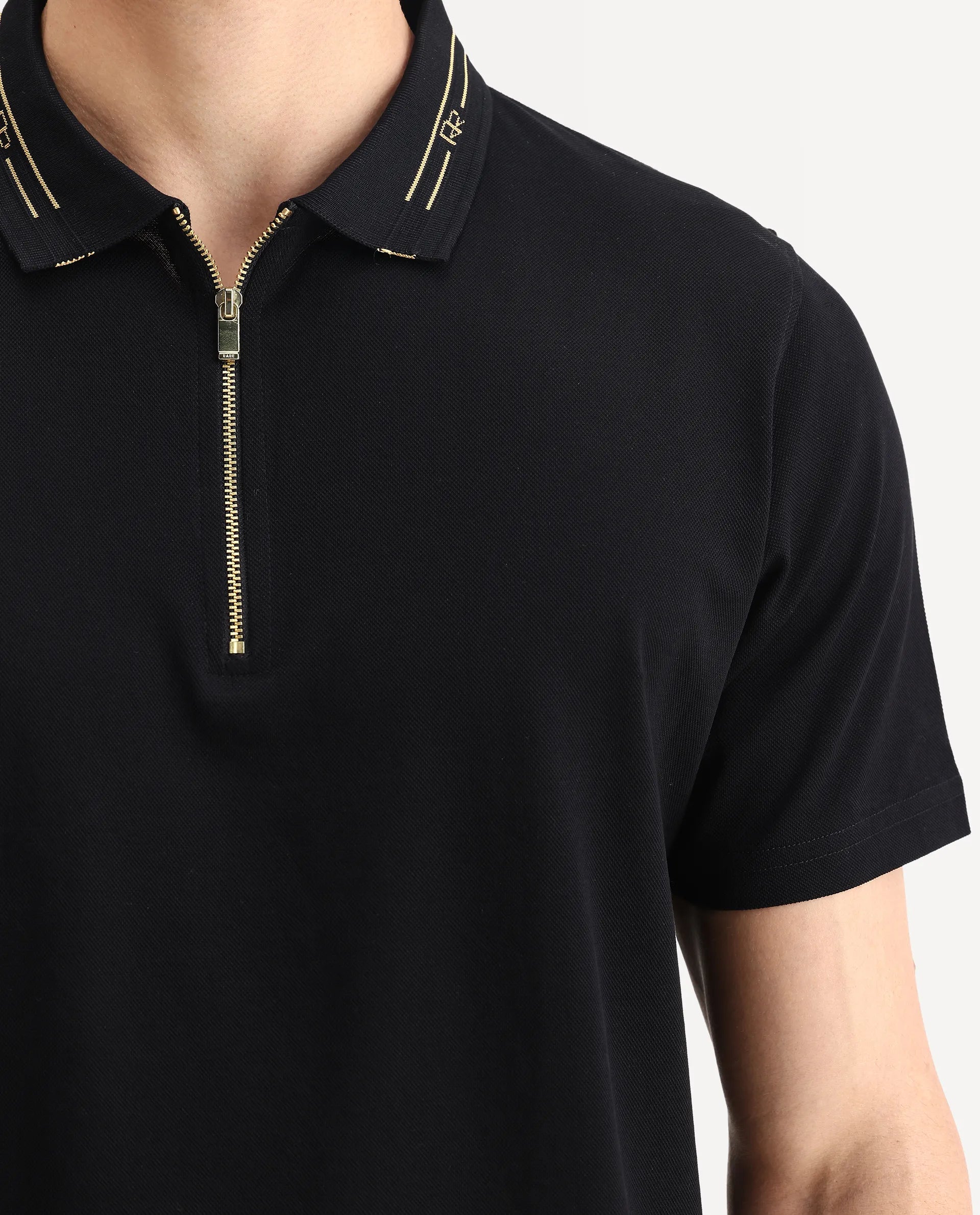 Rare Rabbit Men's Zire-1 Black Cotton Plain Regular Fit Half Sleeve Polo