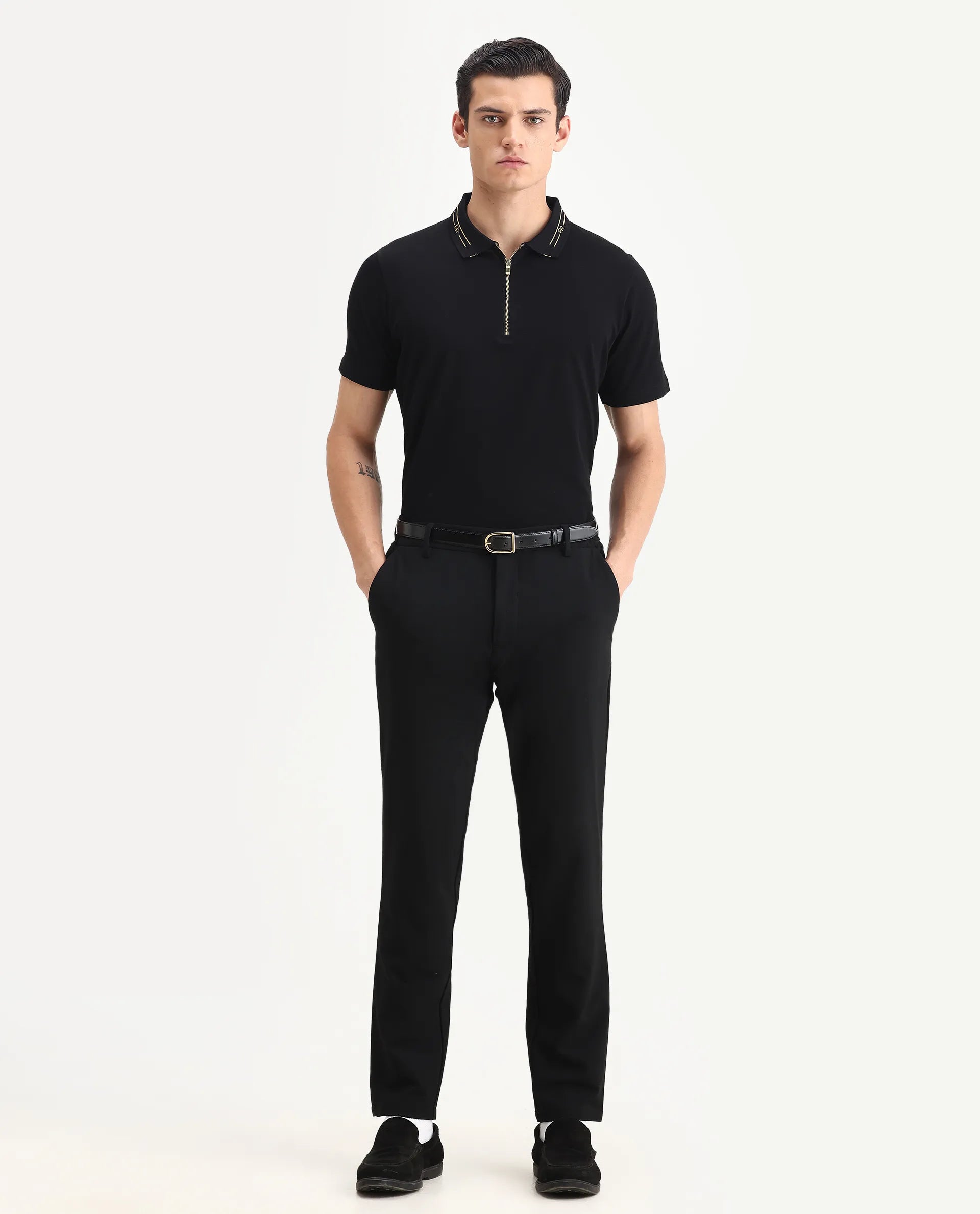 Rare Rabbit Men's Zire-1 Black Cotton Plain Regular Fit Half Sleeve Polo