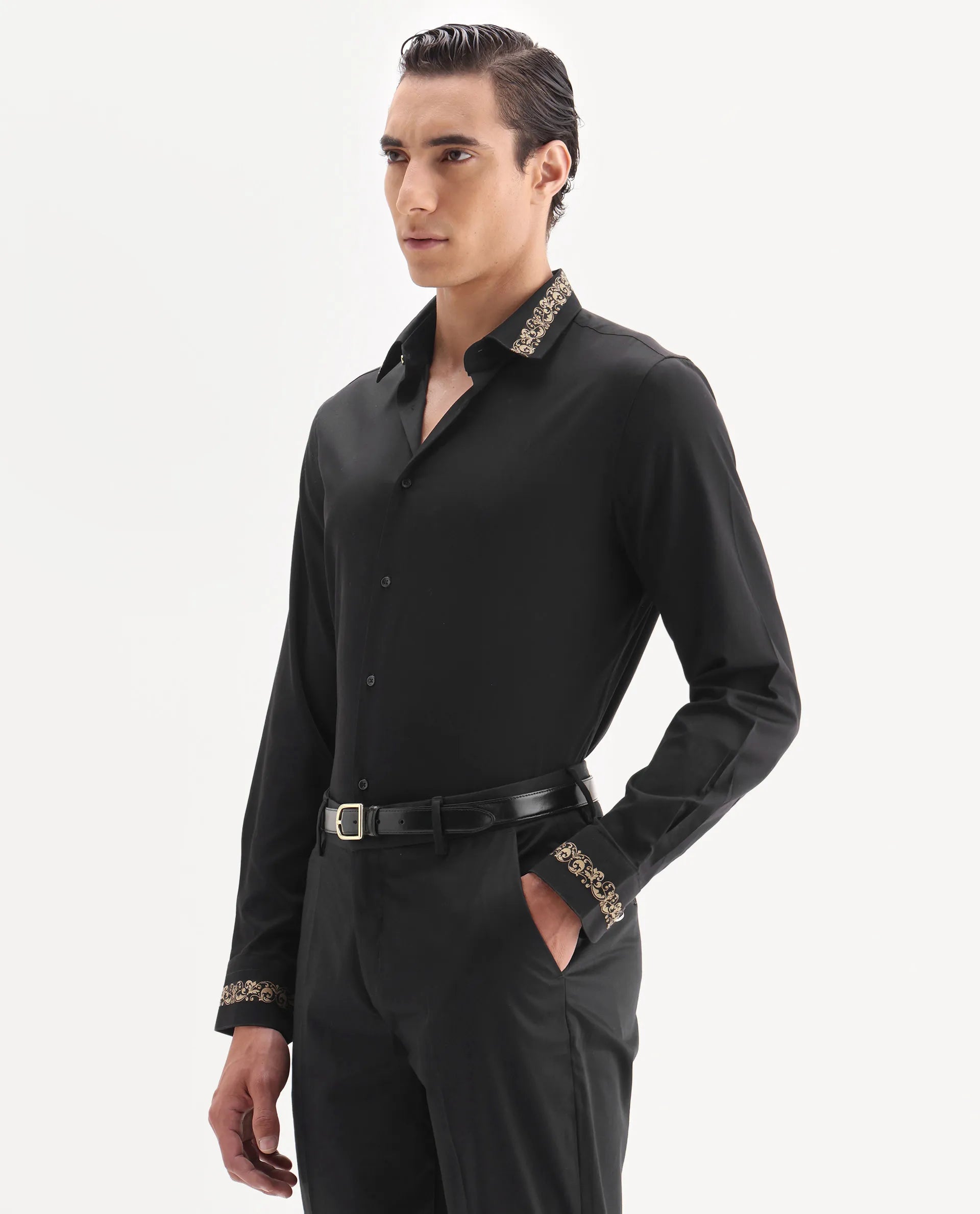 Rare Rabbit Men's Ziro Black Cotton Fabric Full Sleeve Collared Neck Jacquard Shirt