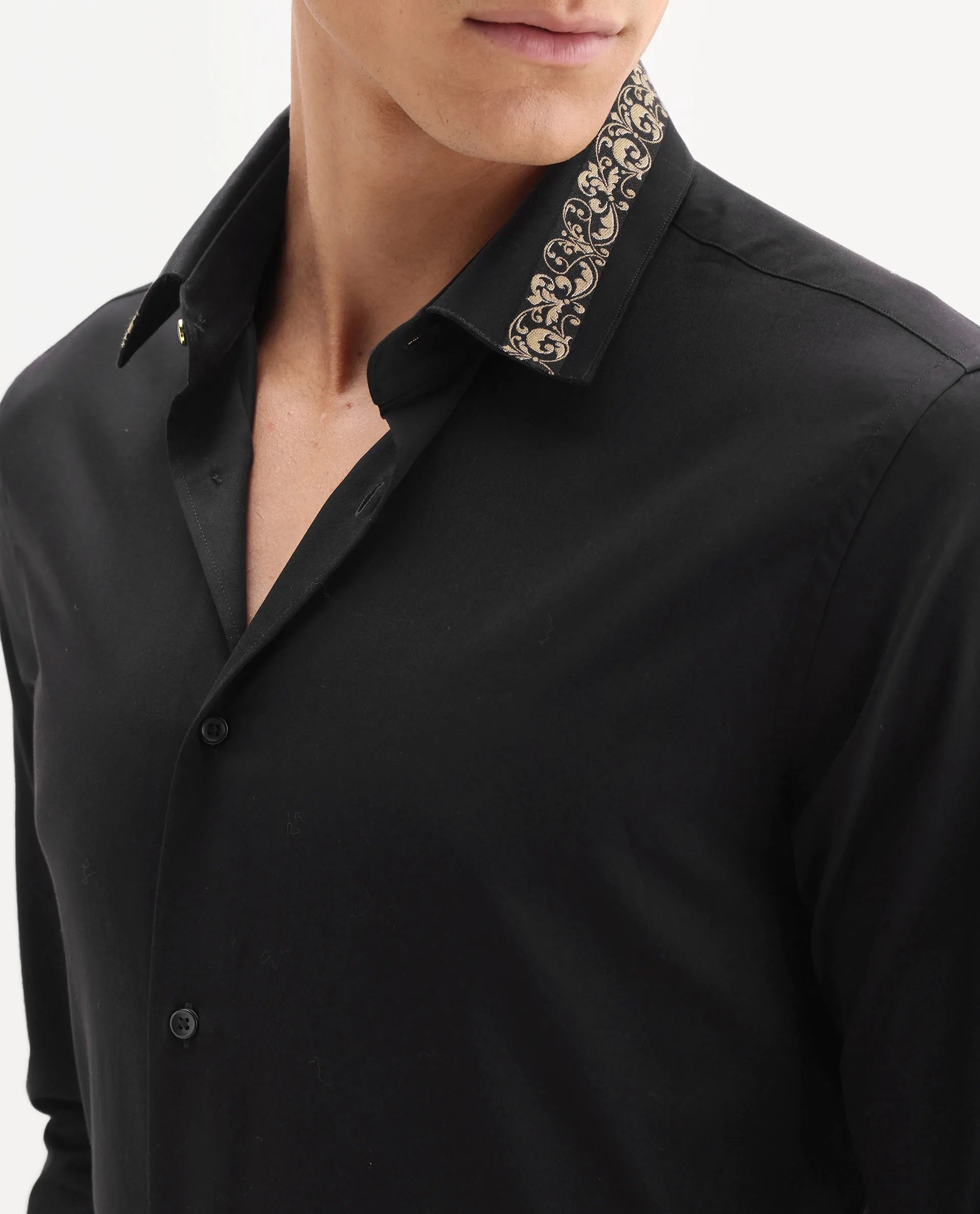 Rare Rabbit Men's Ziro Black Cotton Fabric Full Sleeve Collared Neck Jacquard Shirt