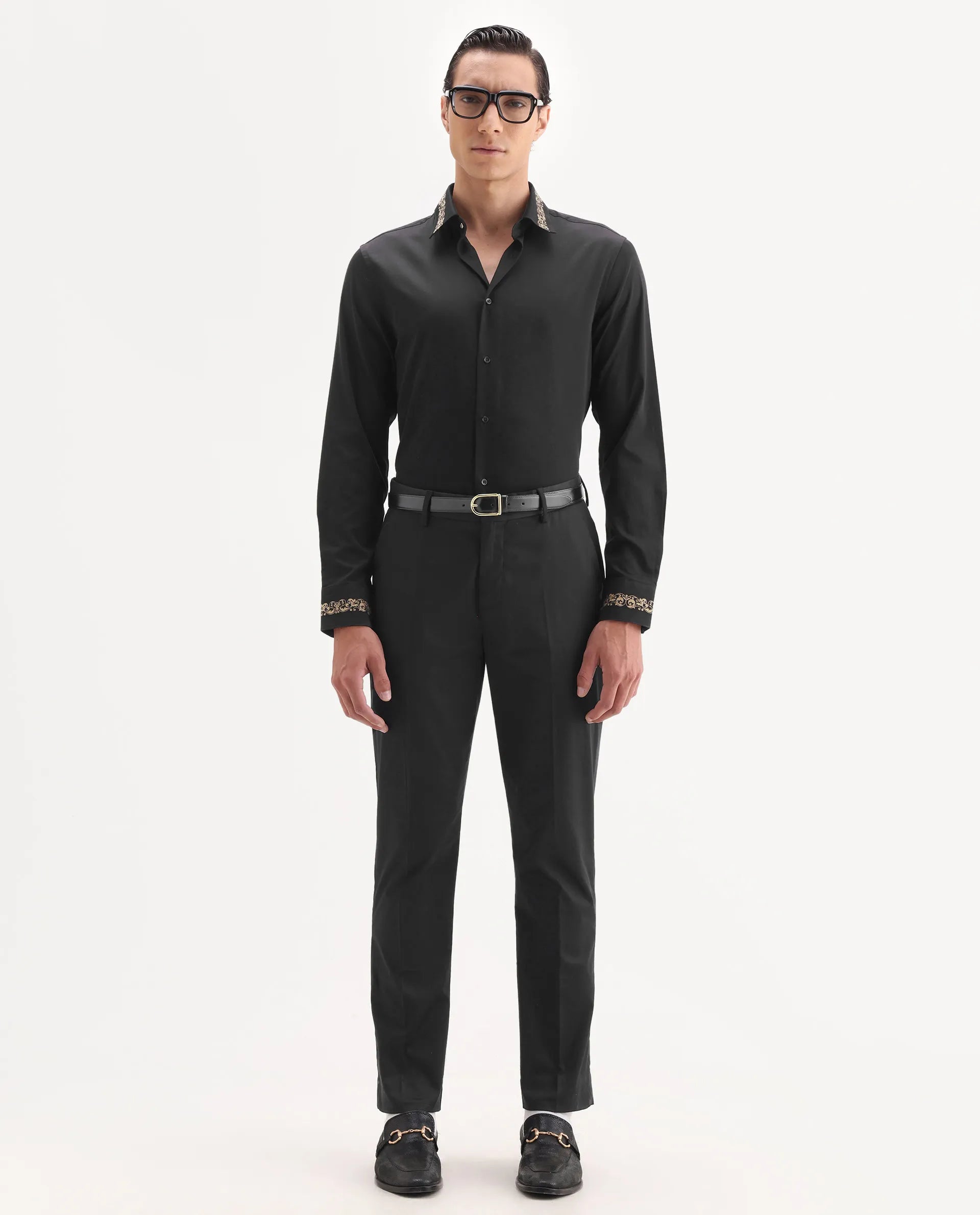 Rare Rabbit Men's Ziro Black Cotton Fabric Full Sleeve Collared Neck Jacquard Shirt