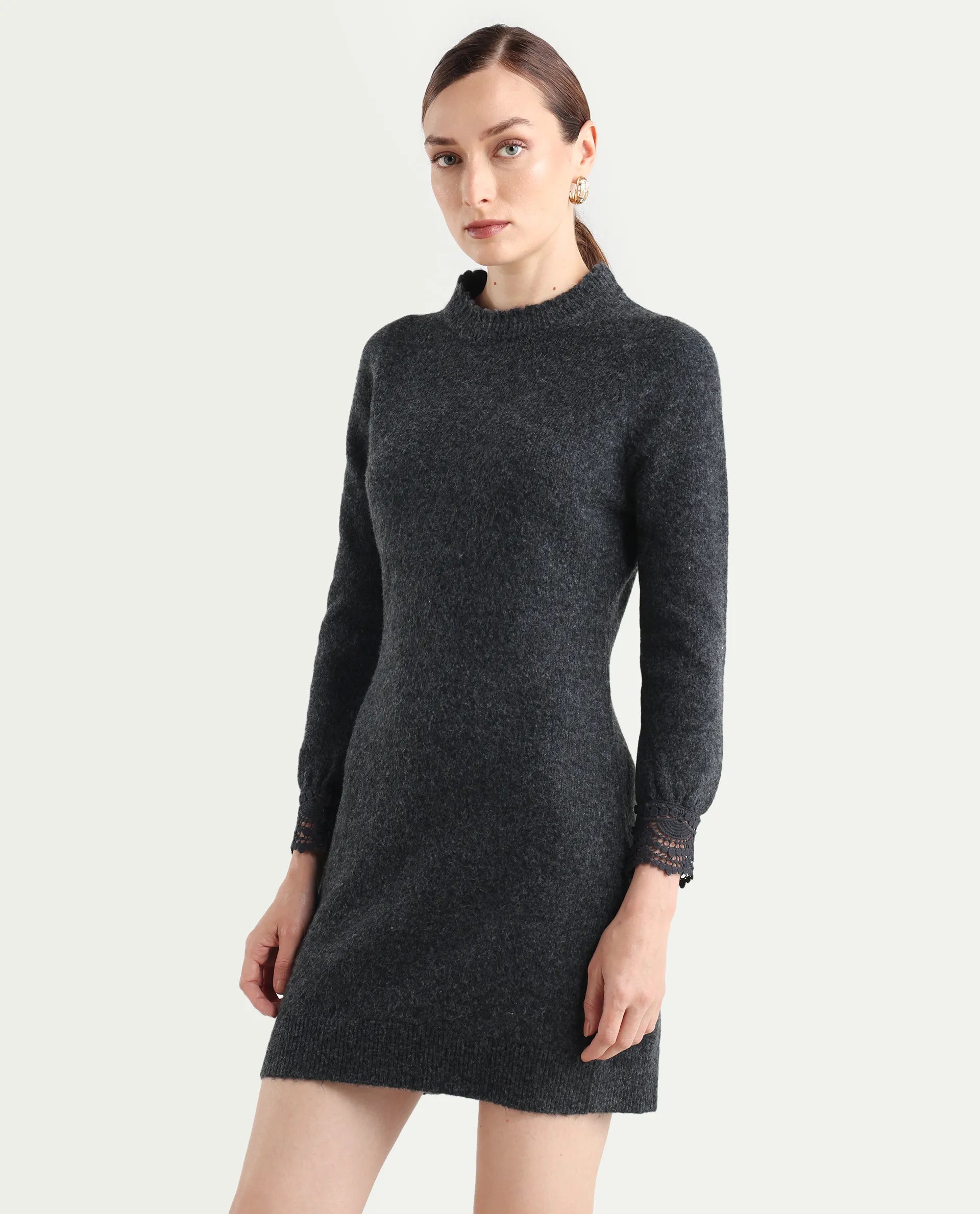 Rareism Women's Zisto Black Acrylic Blend Crew Neck Relaxed Fit Plain Dress