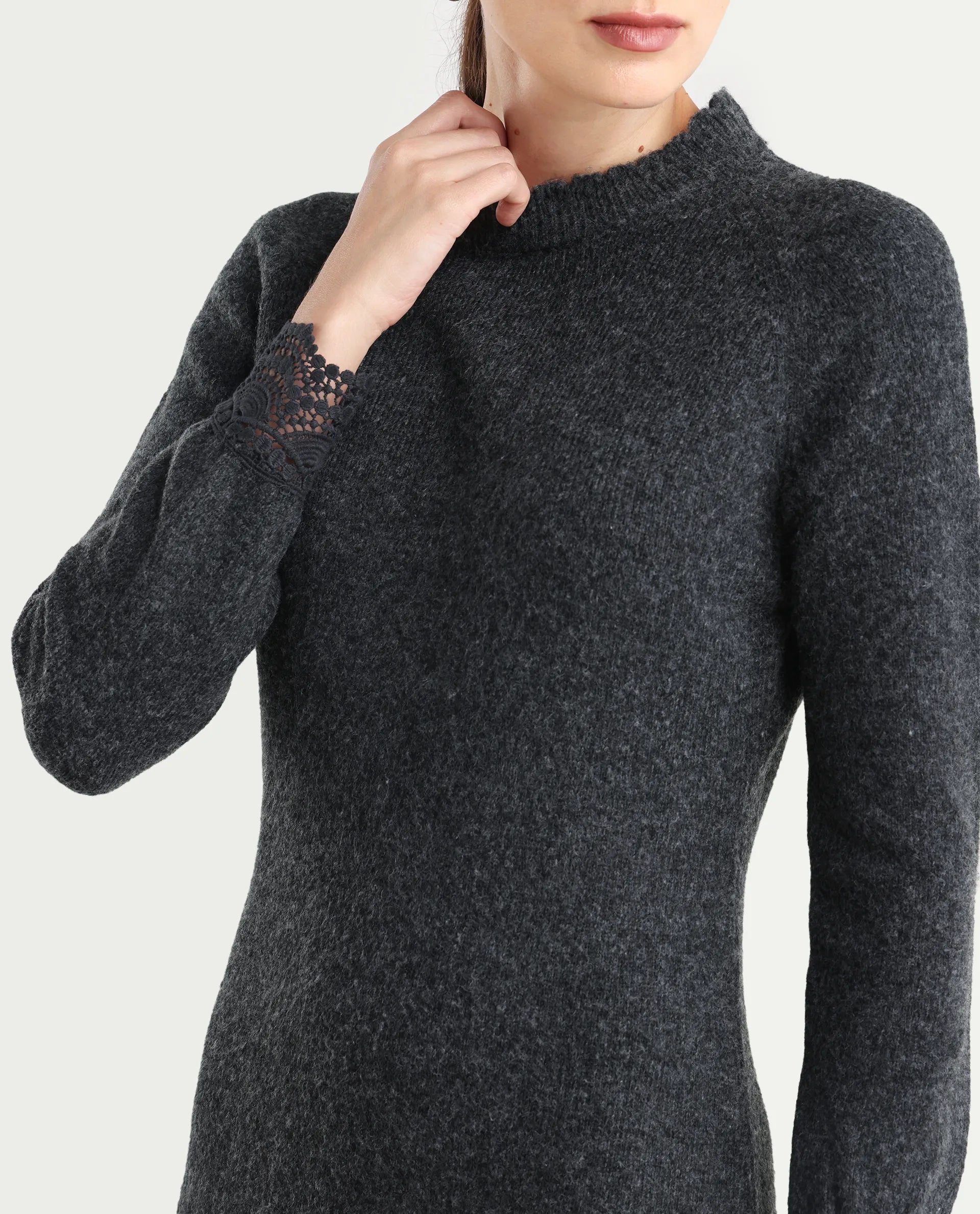 Rareism Women's Zisto Black Acrylic Blend Crew Neck Relaxed Fit Plain Dress