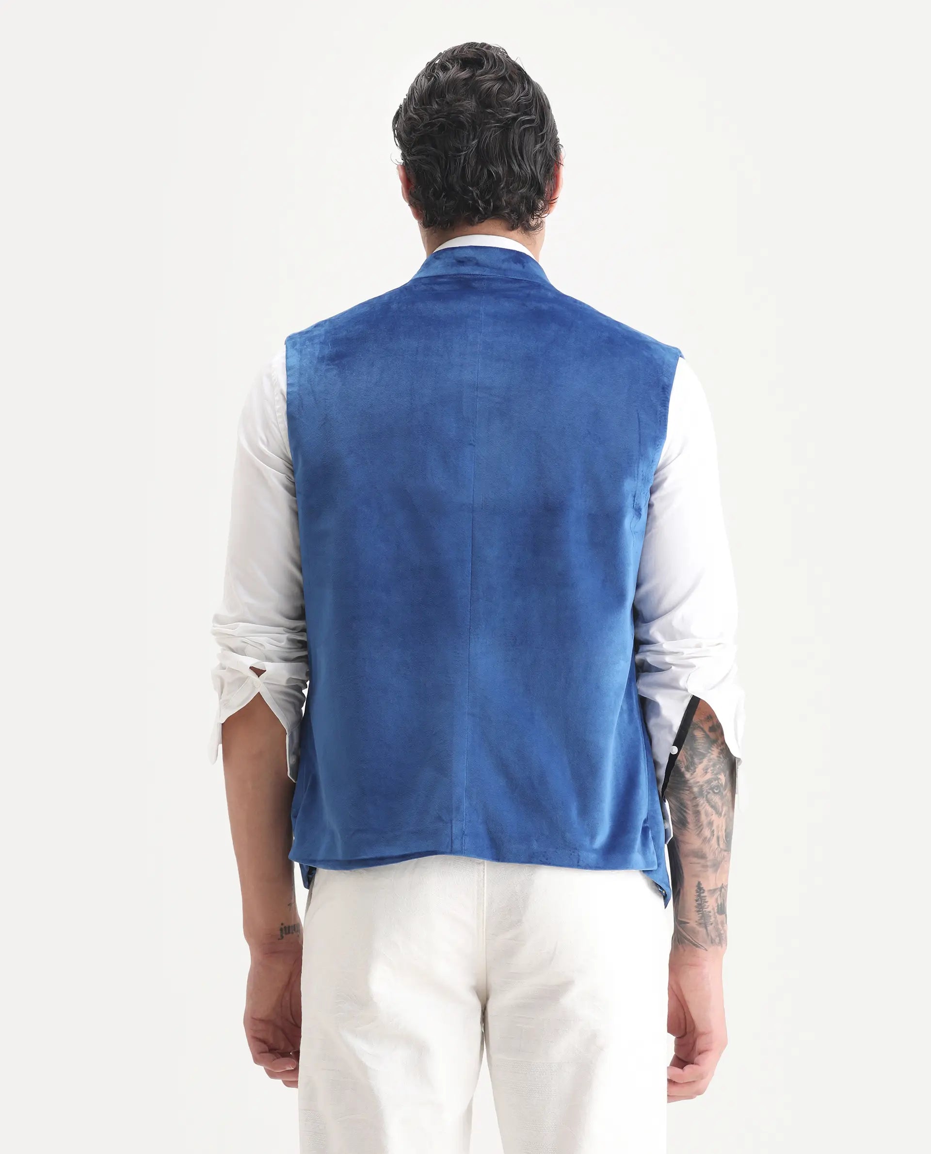 Rare Rabbit Men's Ziva Blue Velvet Plain Tailored Fit Sleeveless Mandarin Collar Bandhgala