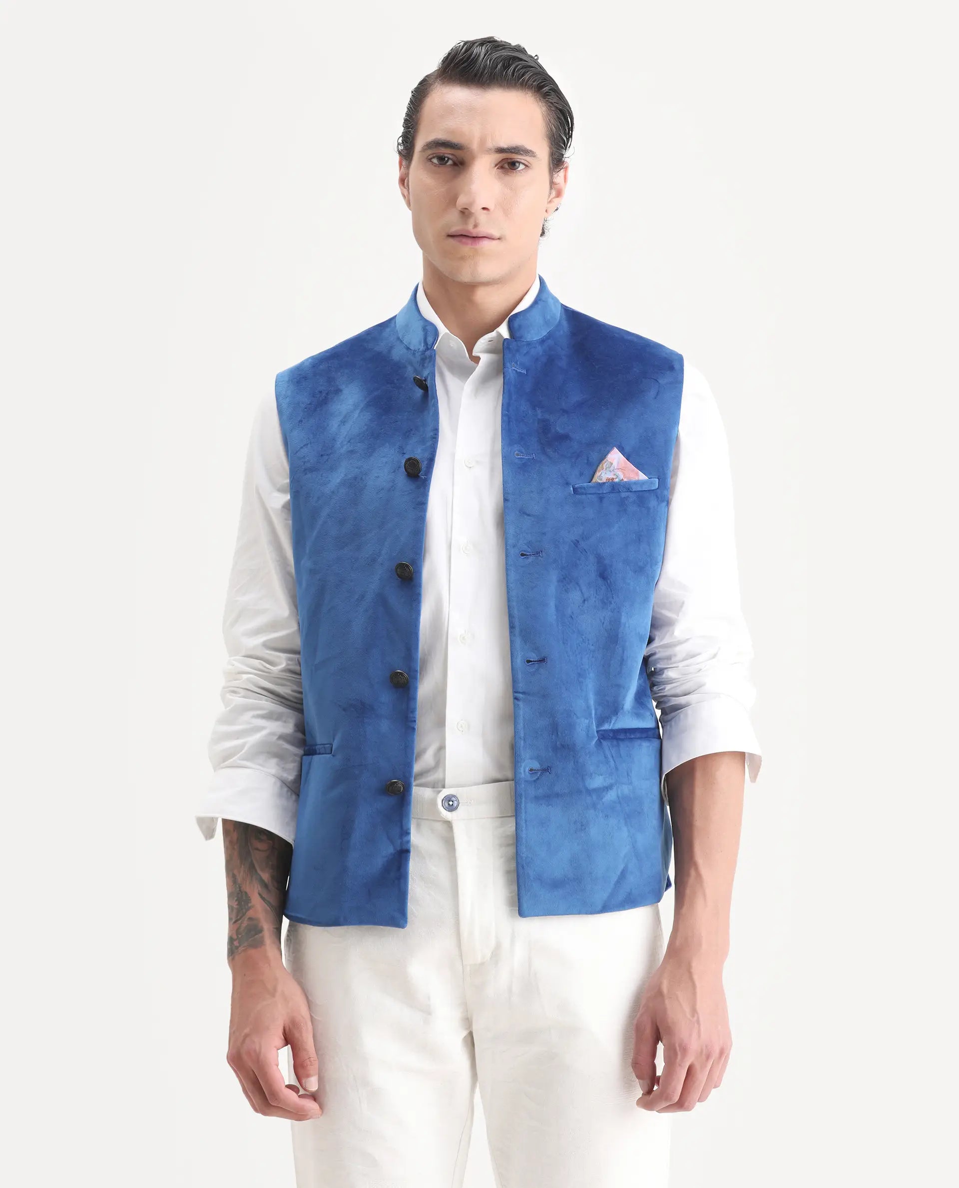 Rare Rabbit Men's Ziva Blue Velvet Plain Tailored Fit Sleeveless Mandarin Collar Bandhgala