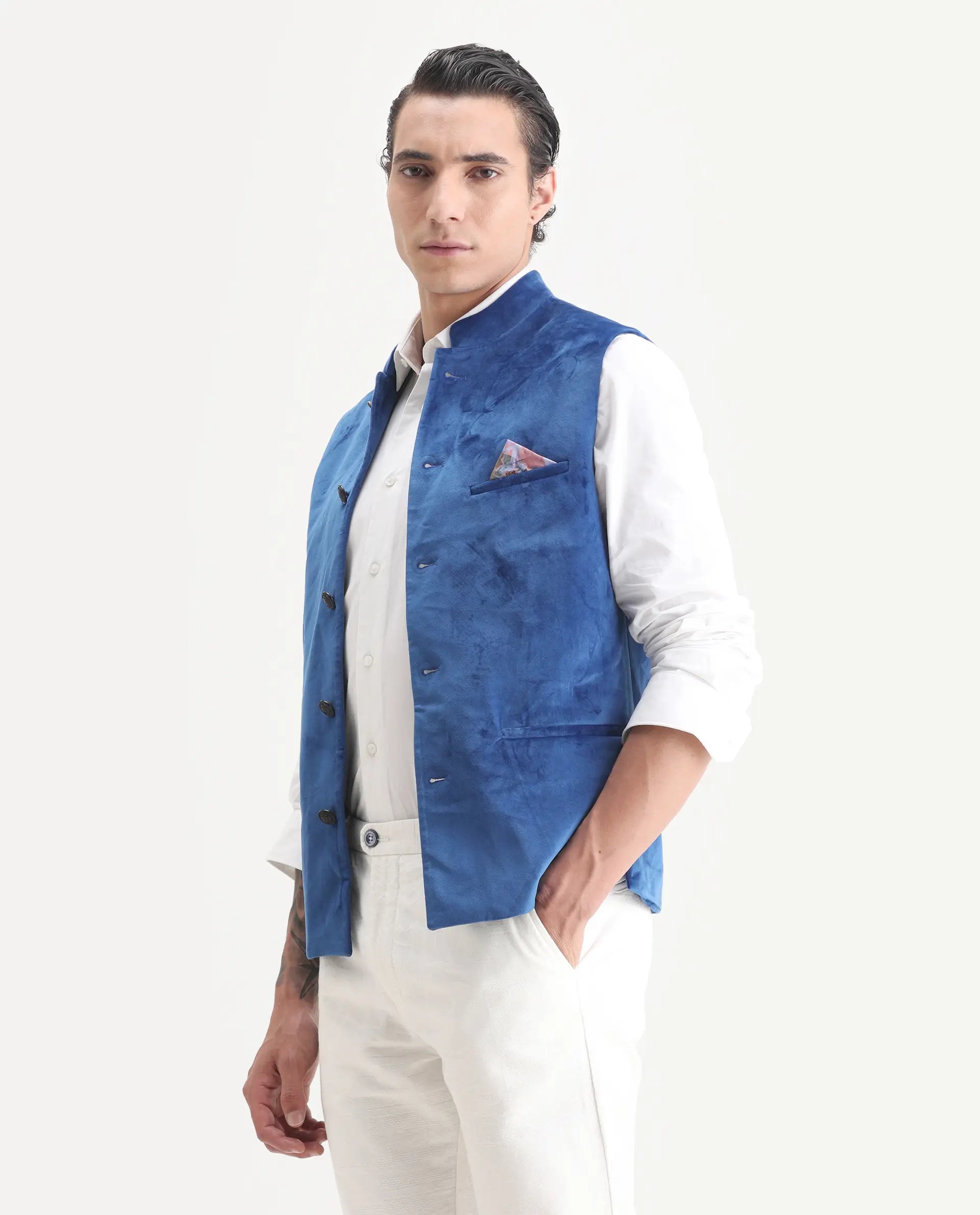 Rare Rabbit Men's Ziva Blue Velvet Plain Tailored Fit Sleeveless Mandarin Collar Bandhgala