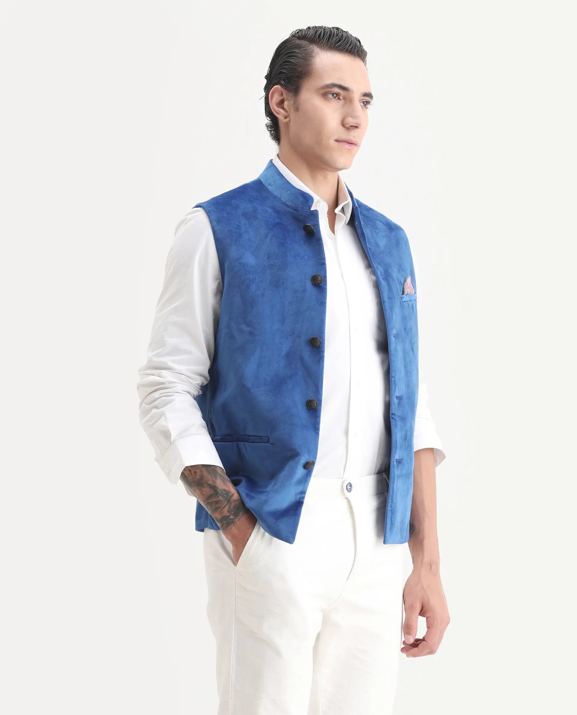 Rare Rabbit Men's Ziva Blue Velvet Plain Tailored Fit Sleeveless Mandarin Collar Bandhgala