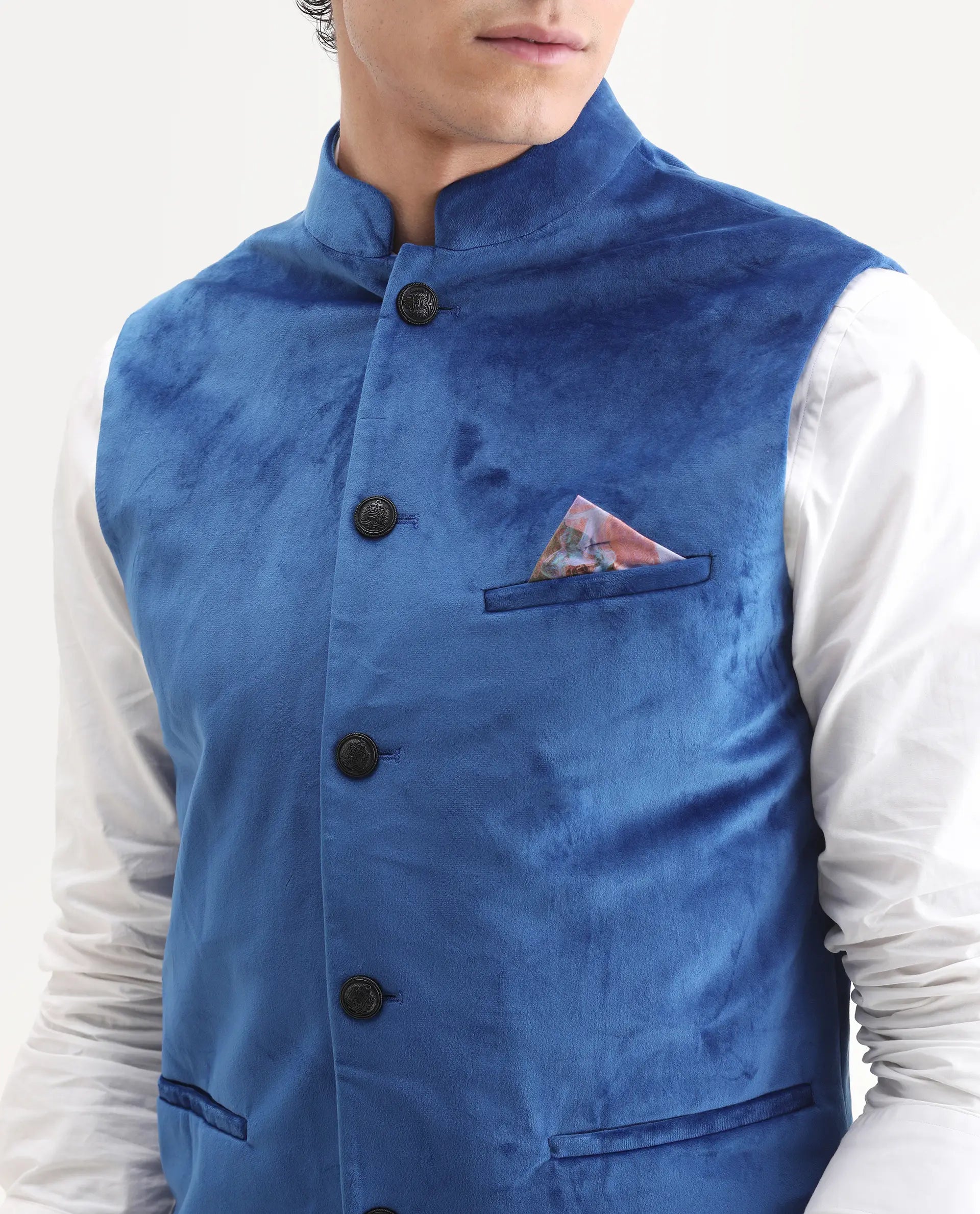 Rare Rabbit Men's Ziva Blue Velvet Plain Tailored Fit Sleeveless Mandarin Collar Bandhgala