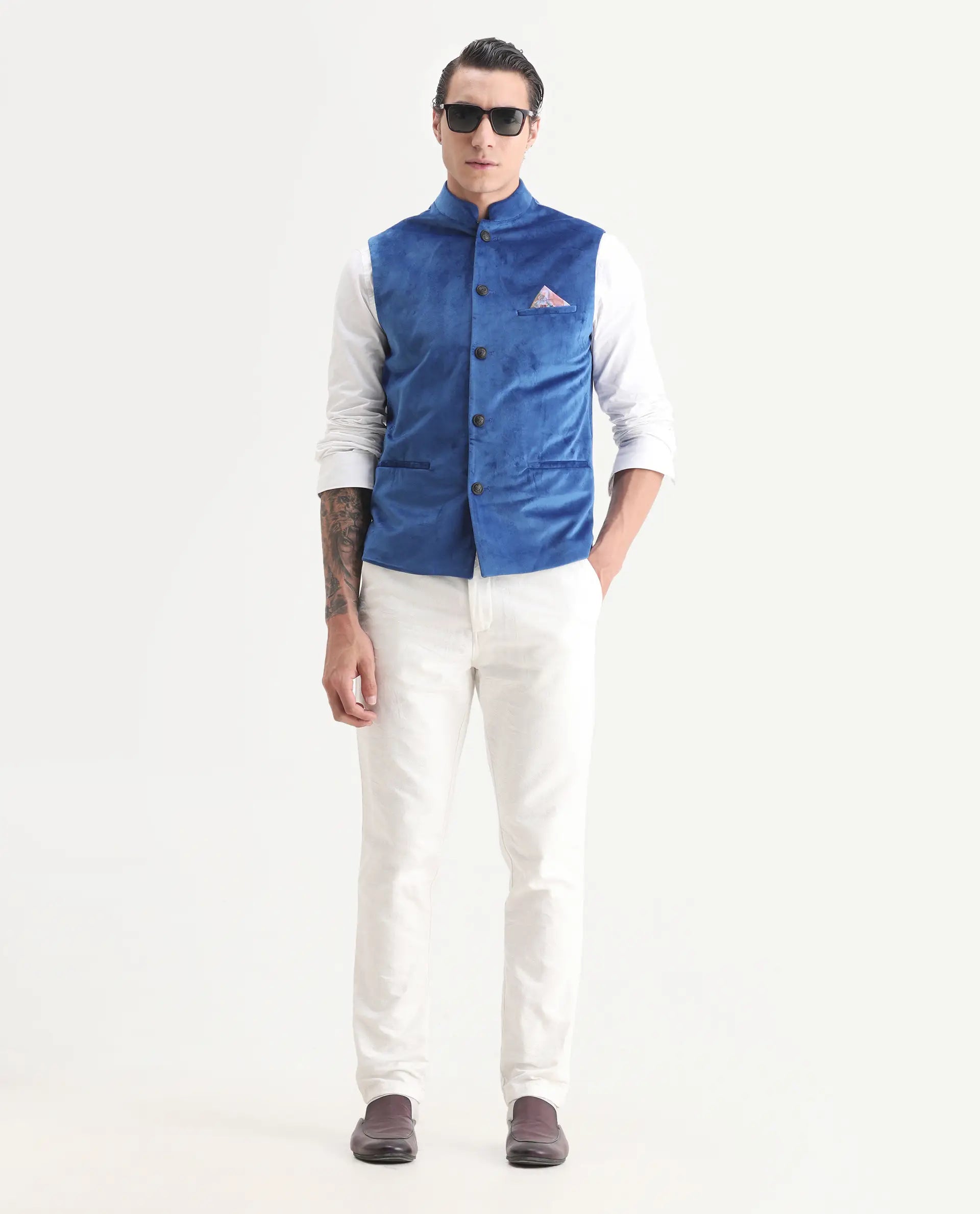 Rare Rabbit Men's Ziva Blue Velvet Plain Tailored Fit Sleeveless Mandarin Collar Bandhgala