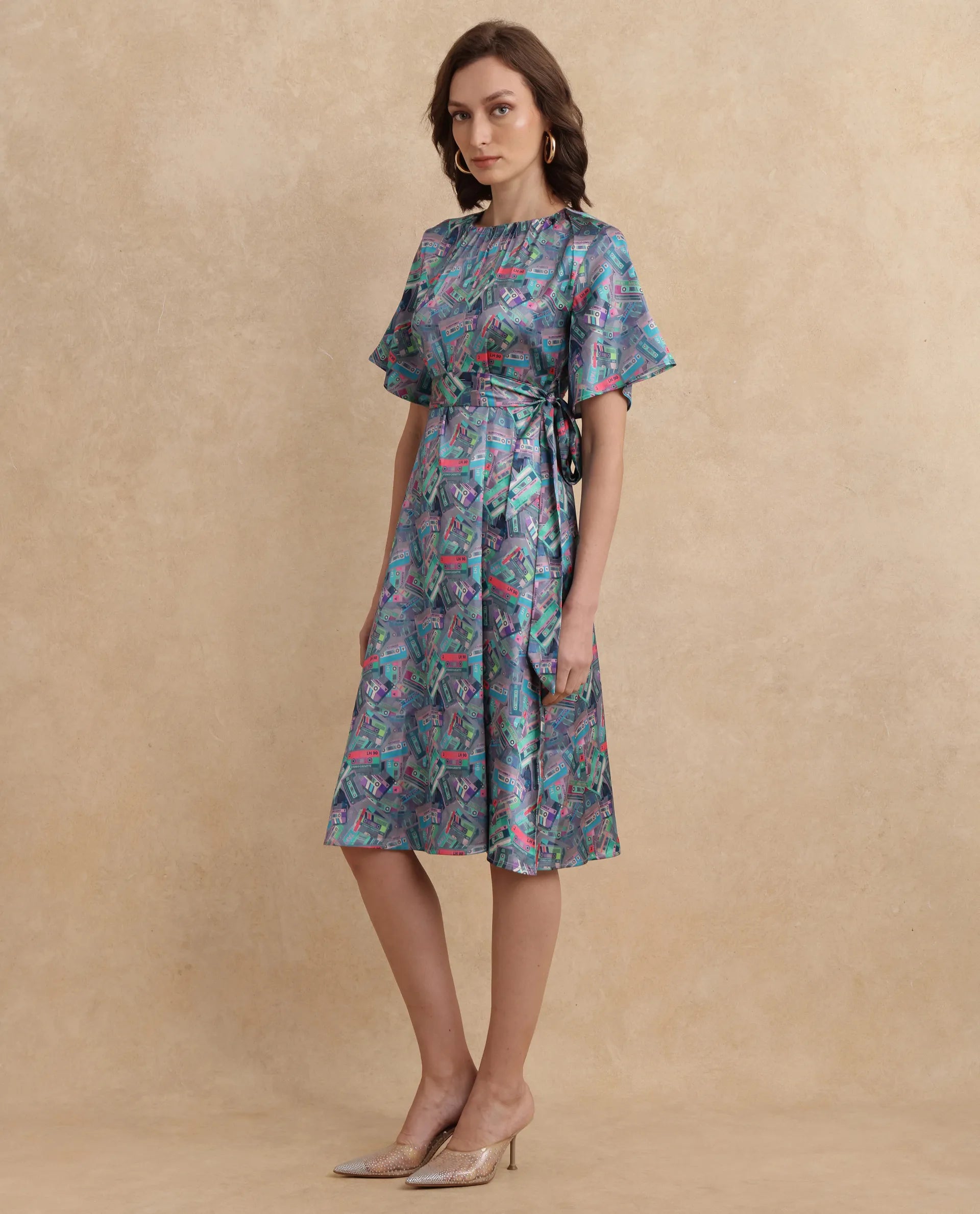 Rareism Women's Zived Multi Satin Fabric Round Neck Tie-Up Closure Ruffled Sleeve Object Print Fit And Flare Midi Dress