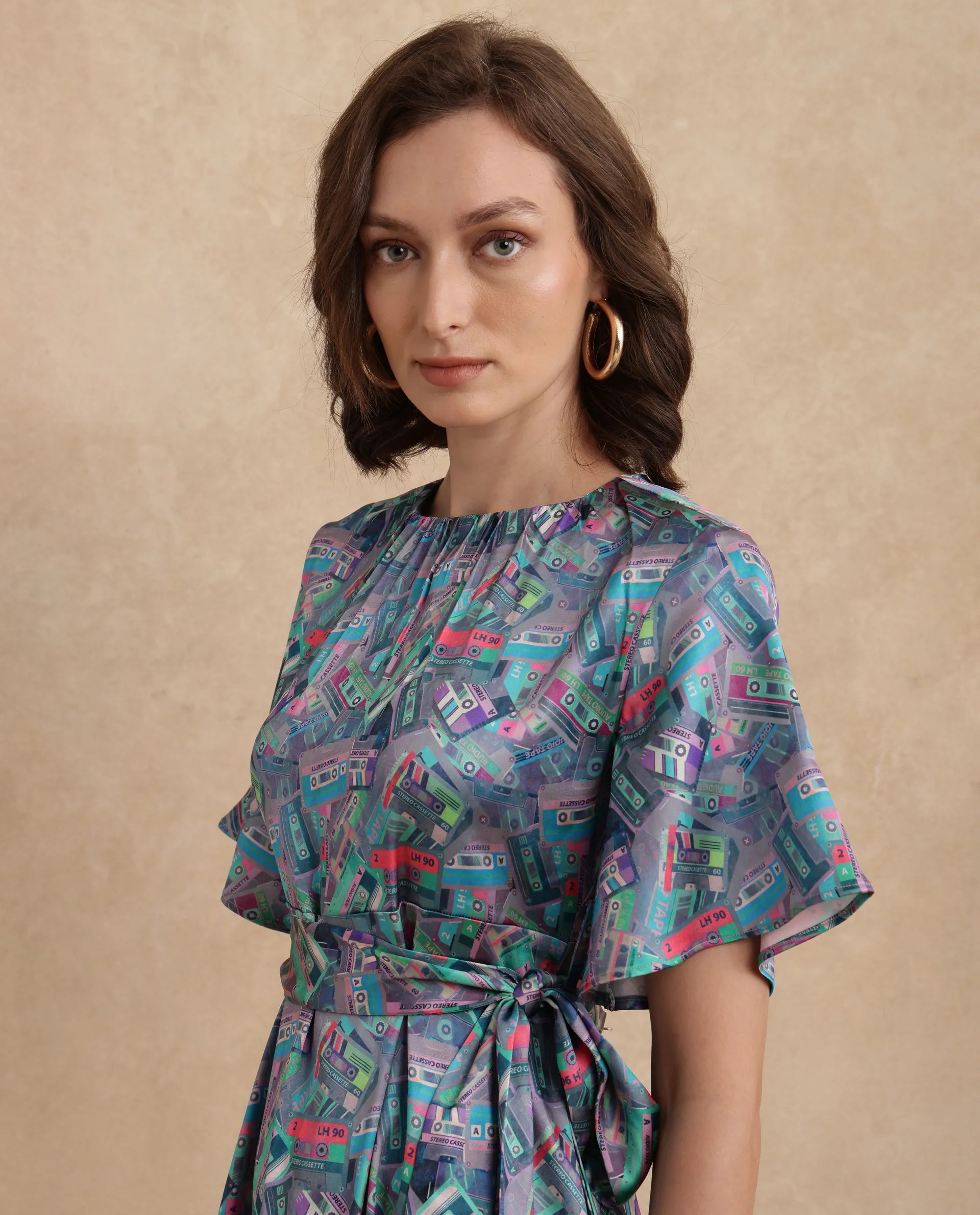 Rareism Women's Zived Multi Satin Fabric Round Neck Tie-Up Closure Ruffled Sleeve Object Print Fit And Flare Midi Dress